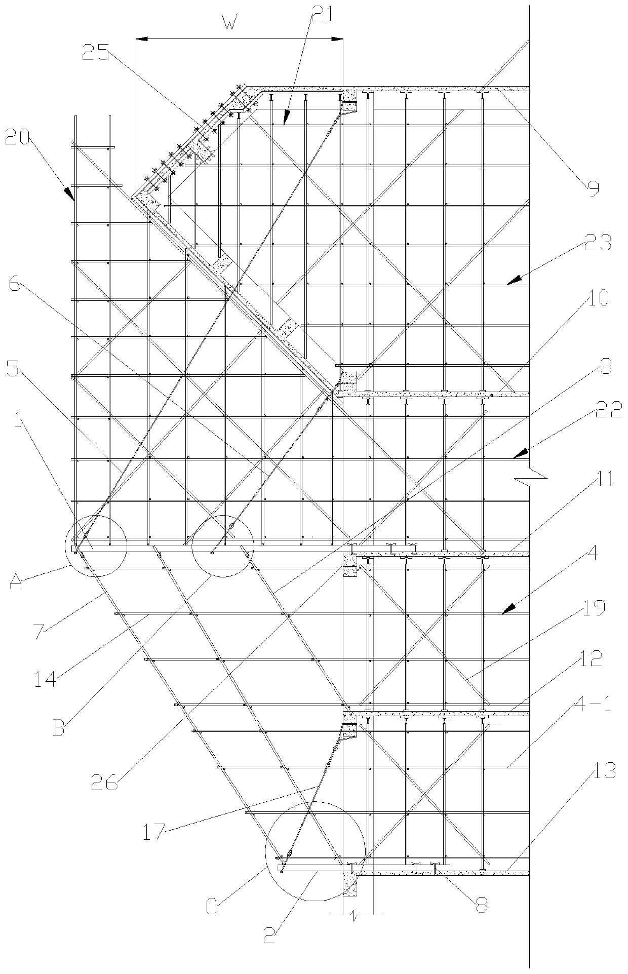 Construction method of aerological overhanging template supporting frame body