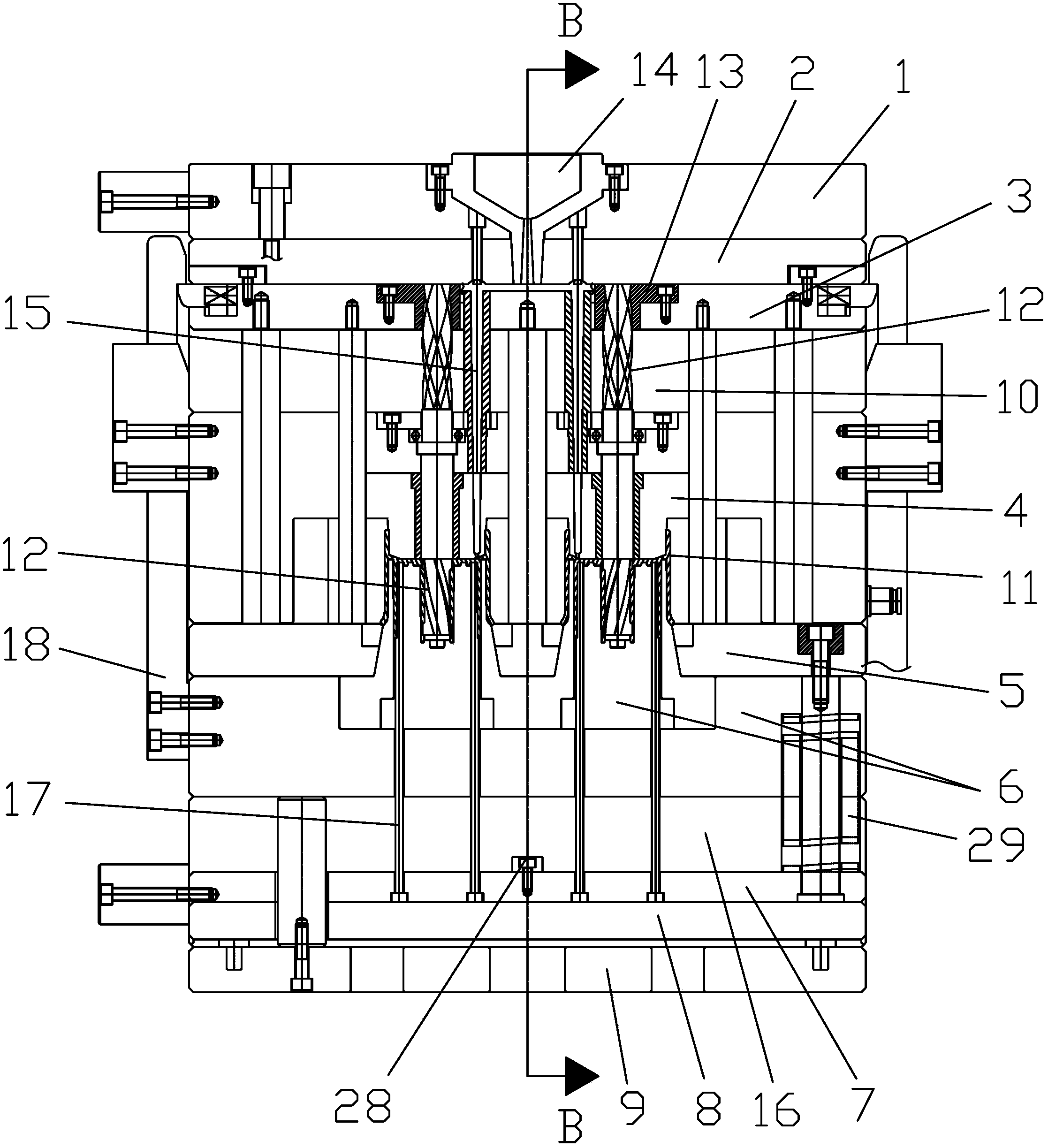 Mold for injection molding of parts with internal threads