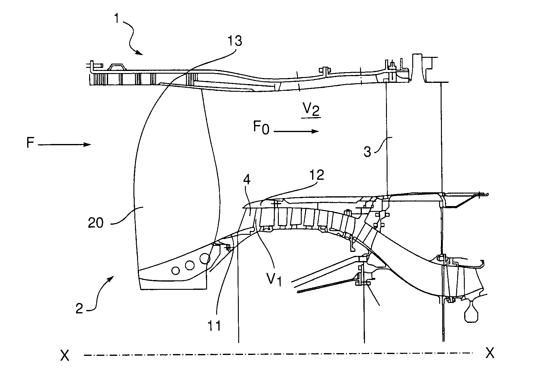 Turbomachine comprising a plurality of fixed radial blades mounted upstream of the fan