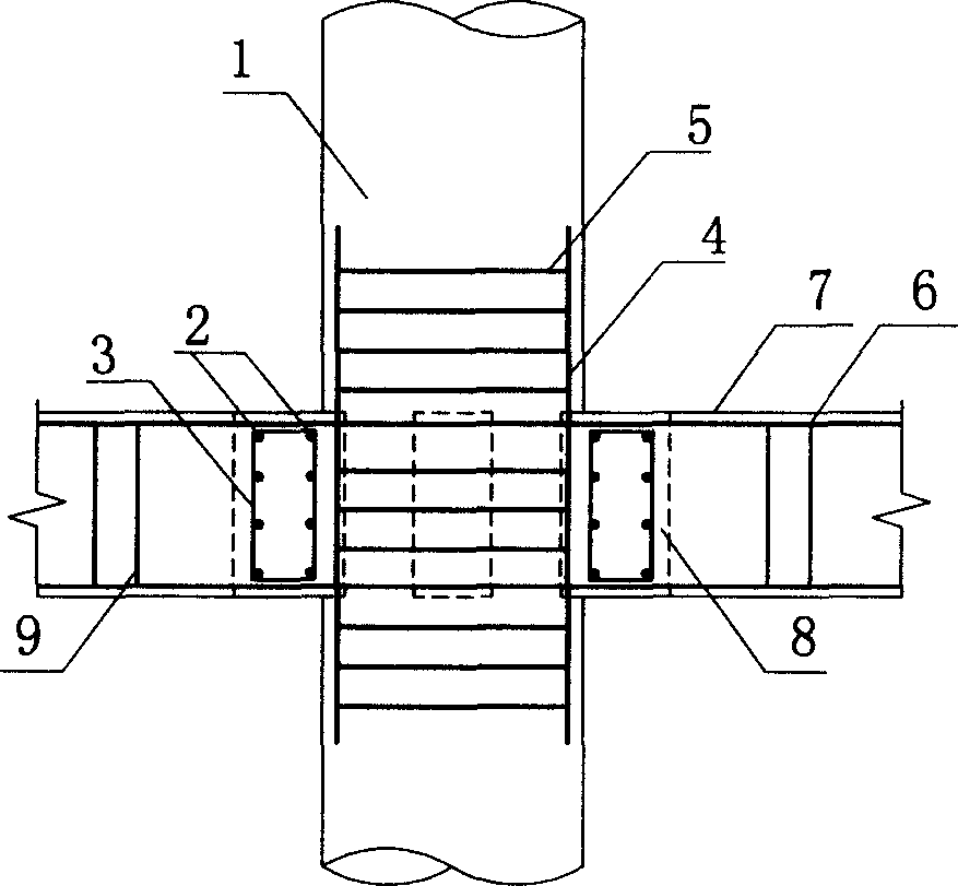 Connection structure of connection of floor beam and steel pipe concrece pole and construction method thereof