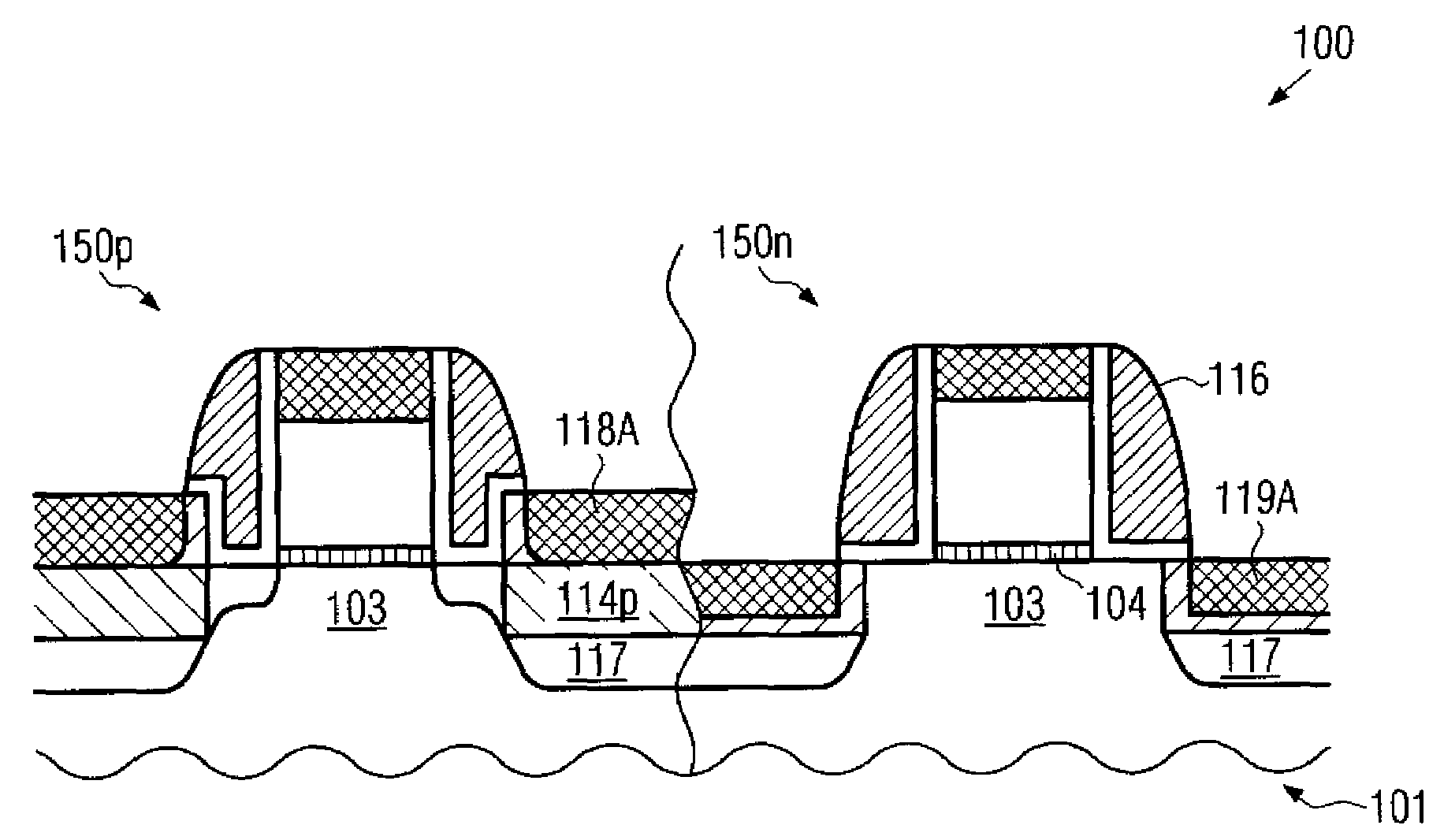 Different embedded strain layers in PMOS and NMOS transistors and a method of forming the same