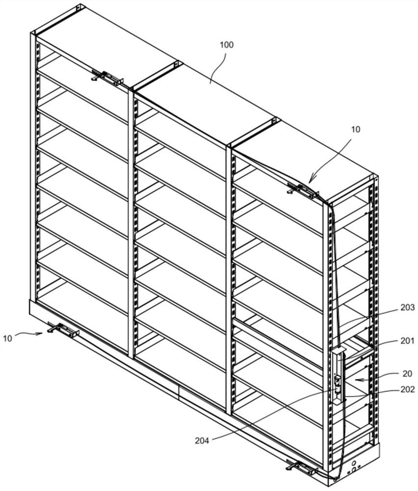Compact shelving body interlocking device with shockproof function
