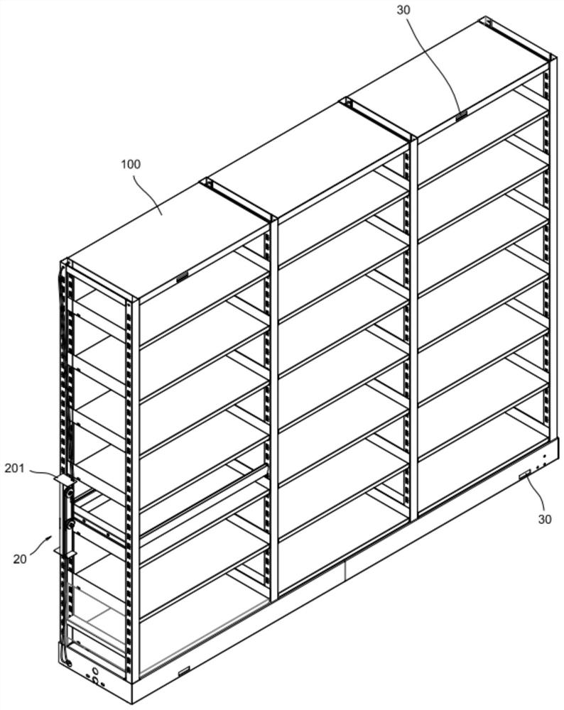 Compact shelving body interlocking device with shockproof function