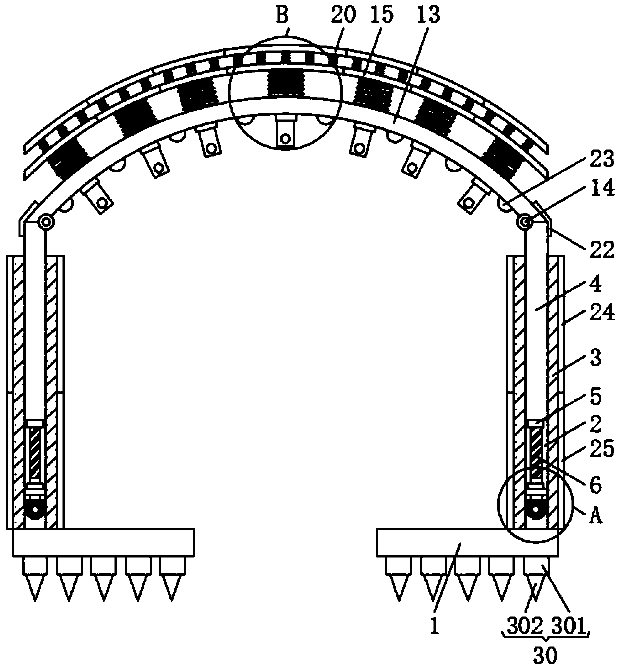 Adjustable stable tunnel supporting structure with high fit degree