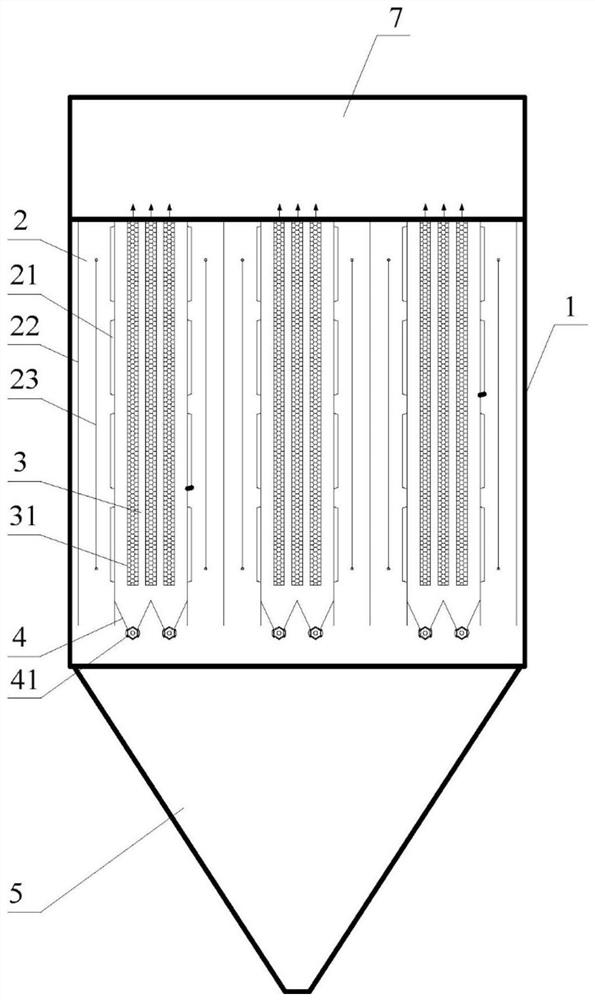 Asymmetric electrostatically enhanced electrostatic bag-coupled precipitator