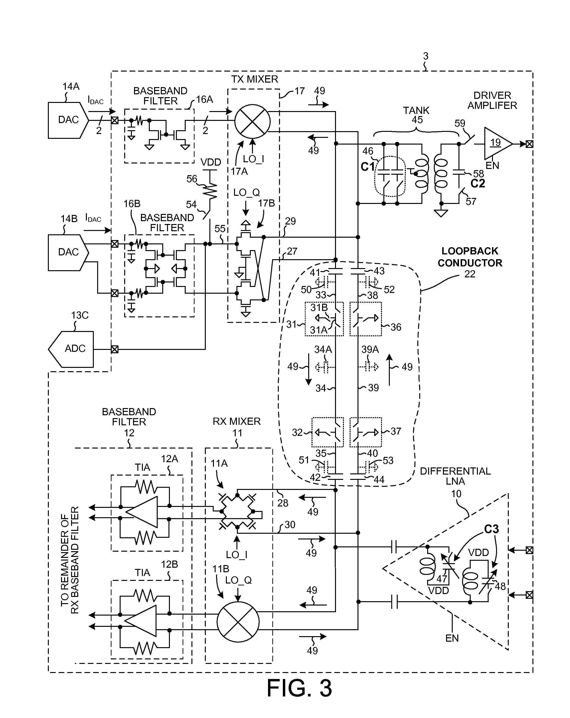 RF transceiver IC having internal loopback conductor for ip2 self test