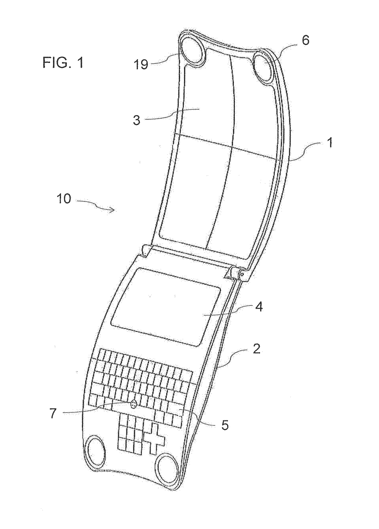 Foldable electronic gaming or mobile communication device for insertion into hip pocket