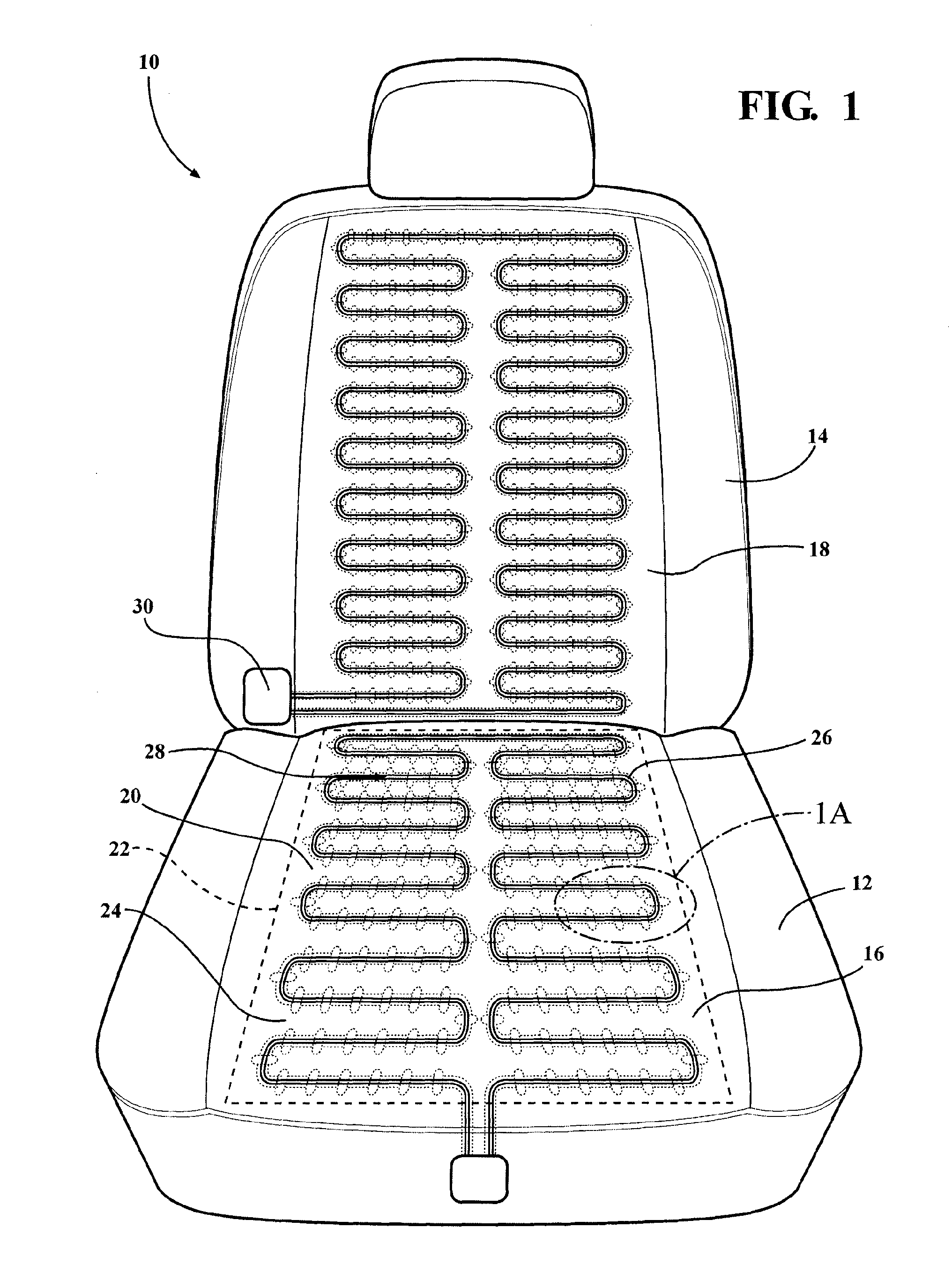 Seat assembly having heating element providing electrical heating of variable temperature along a predetermined path to a zone