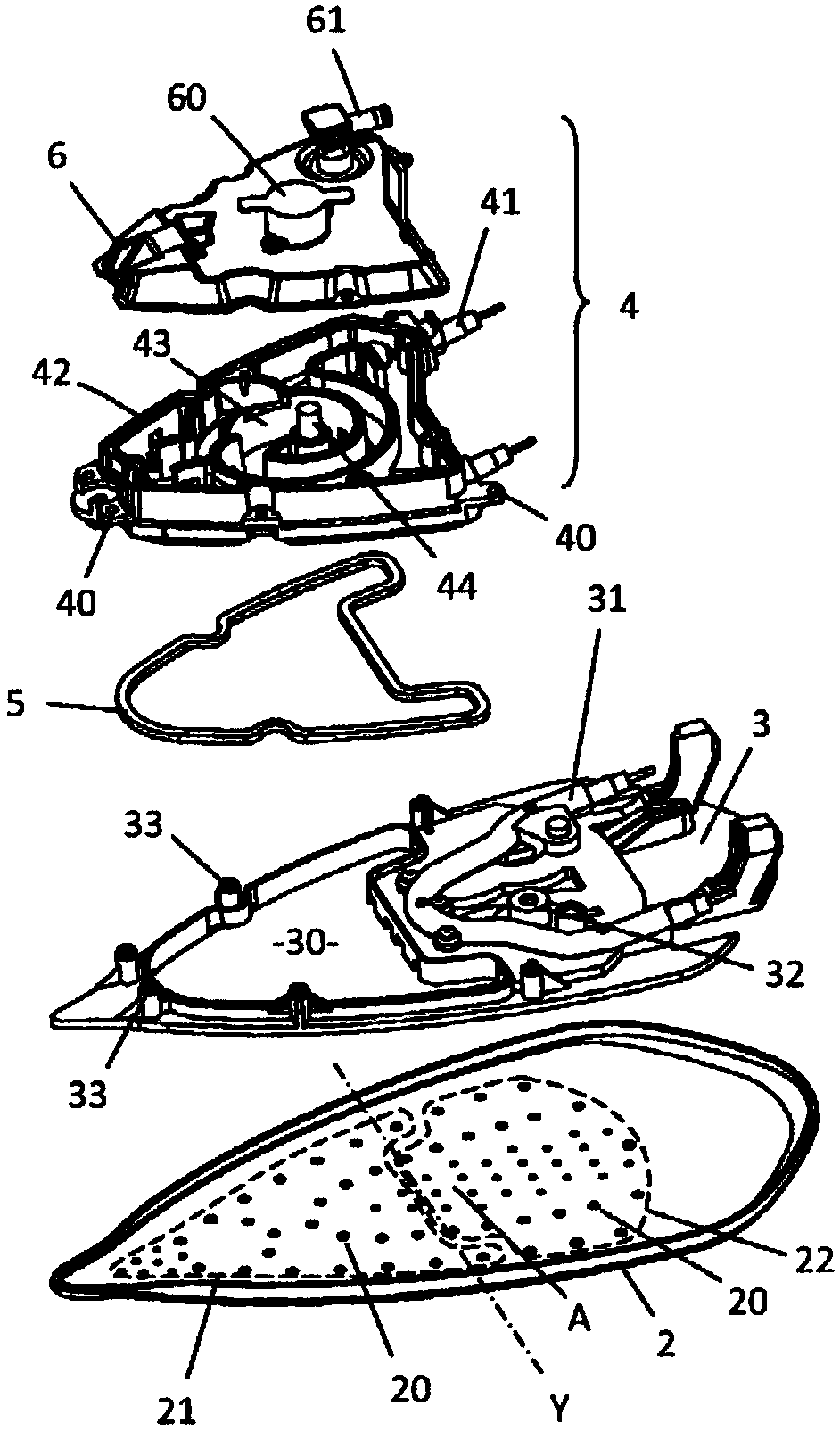 Iron comprising an ironing surface, a heating plate and a vaporisation chamber