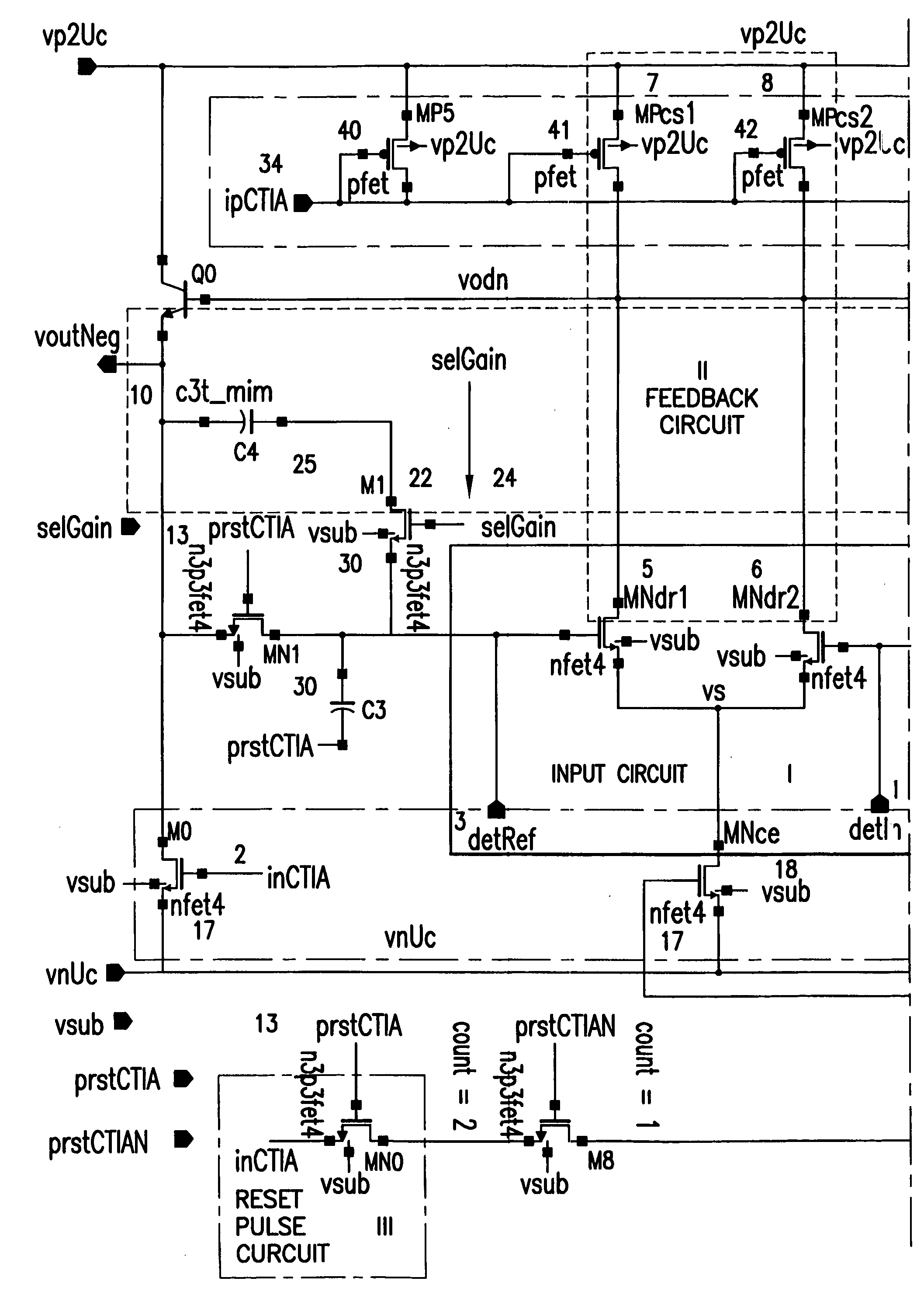 Low noise, low power and high bandwidth capacitive feedback trans-impedance amplifier with differential fet input and bipolar emitter follower feedback