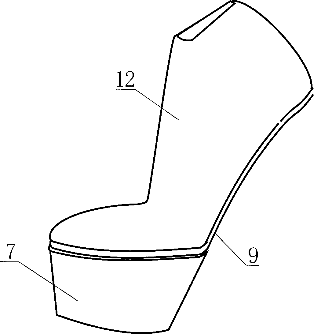 High-heeled shoes with internal height-increasing waterproof platforms covered on front sides and seamless vamps on toe caps and production method thereof