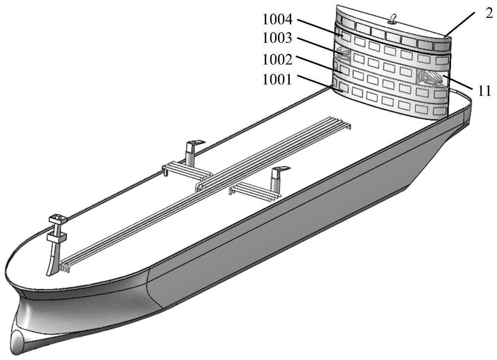 Large commercial ship stern building with sail function