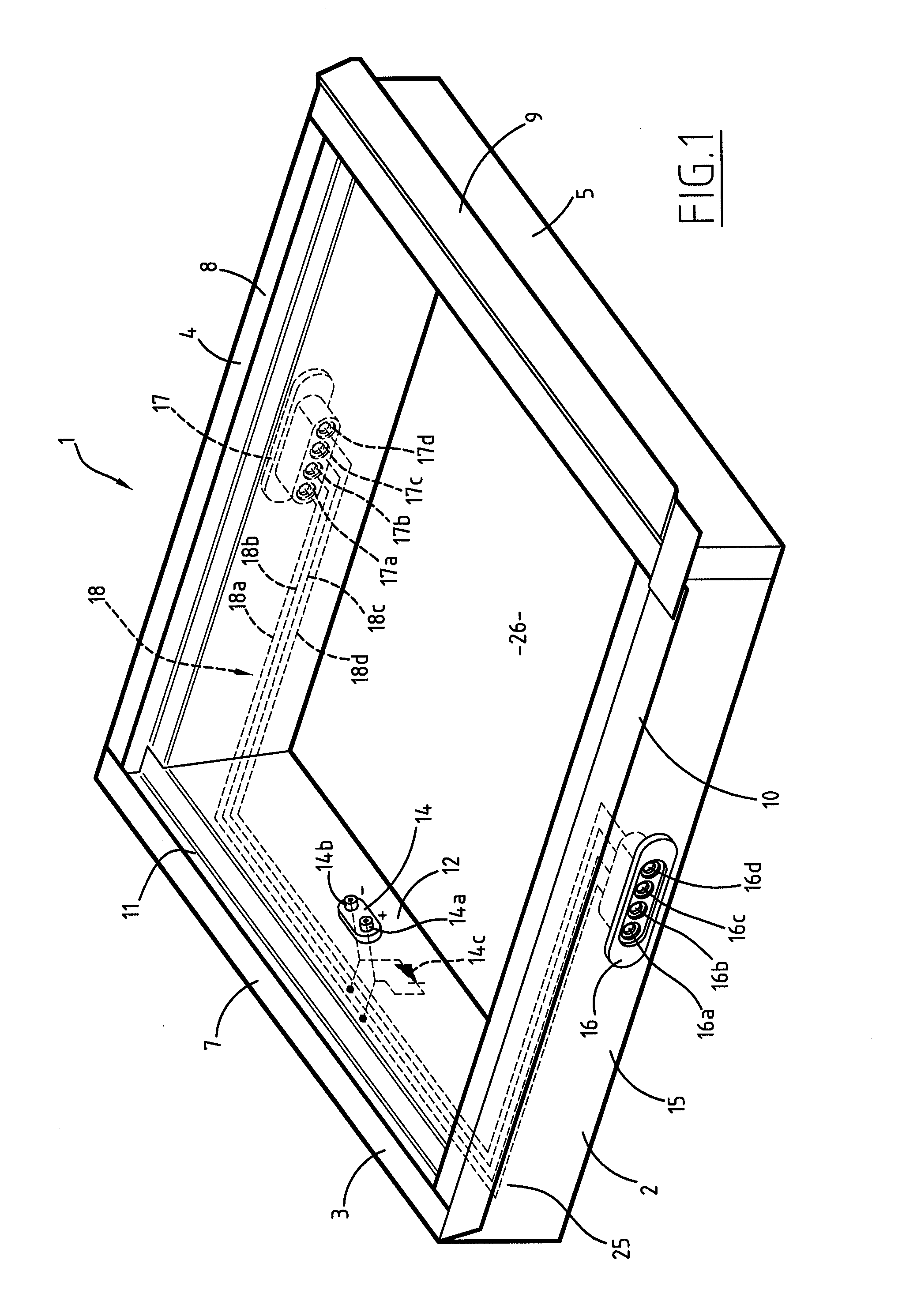 Bearing frame for an electrically active panel such as photovoltaic panel