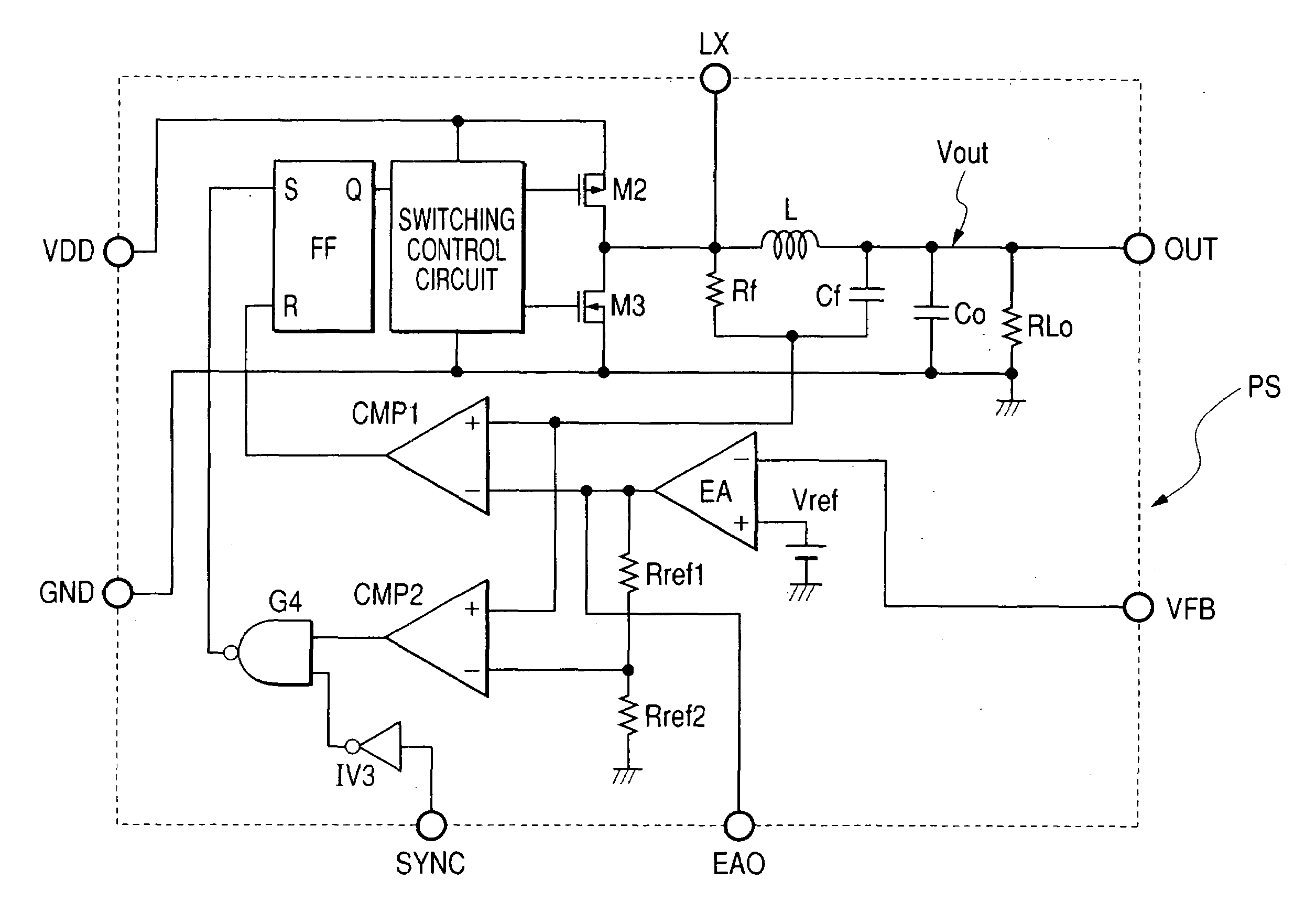 Switching power supply in an integrated circuit having a comparator with two threshold values, a synchronization input and output, voltage feedback and efficient current sensing
