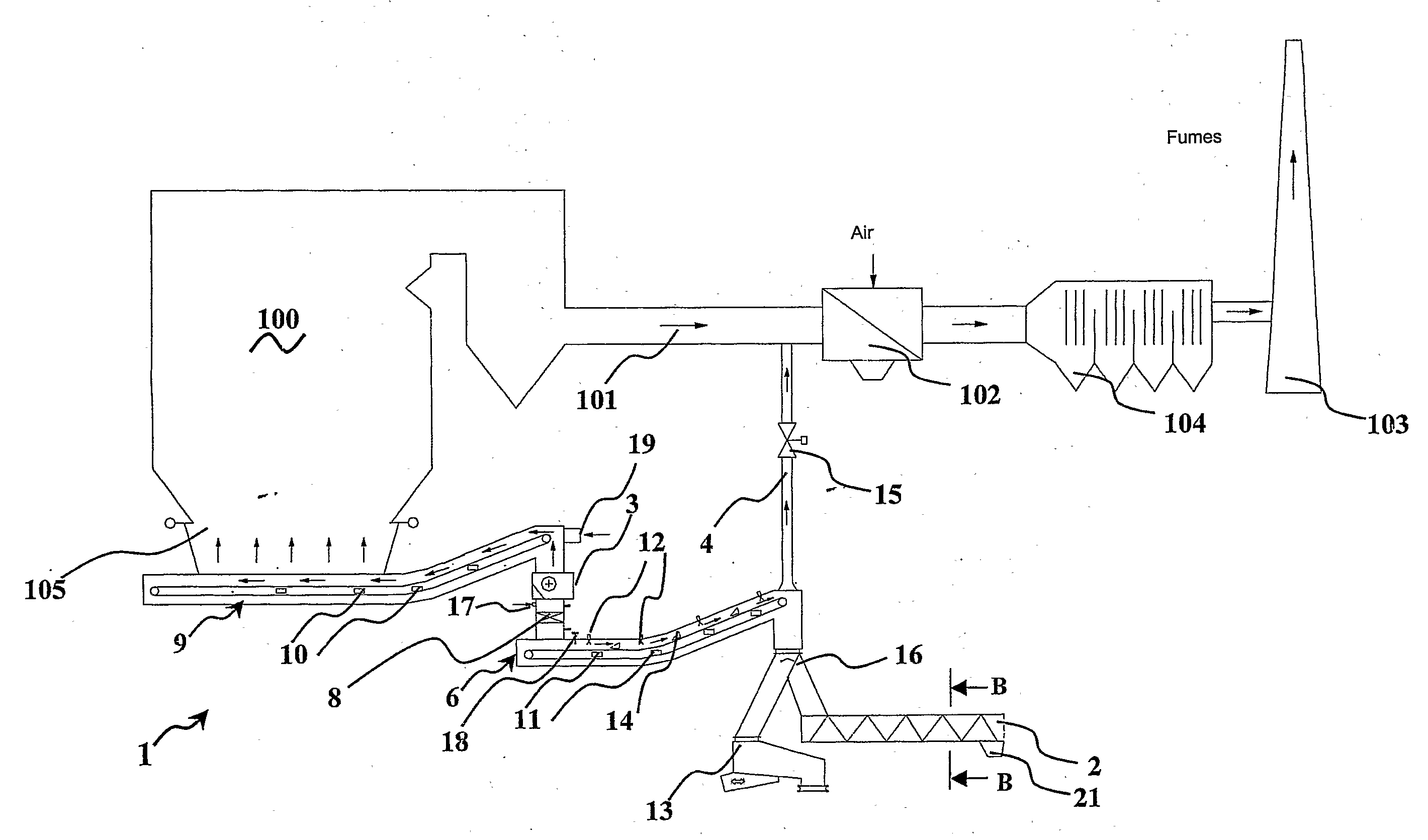 Extraction and air/water cooling system for large quantities of heavy ashes