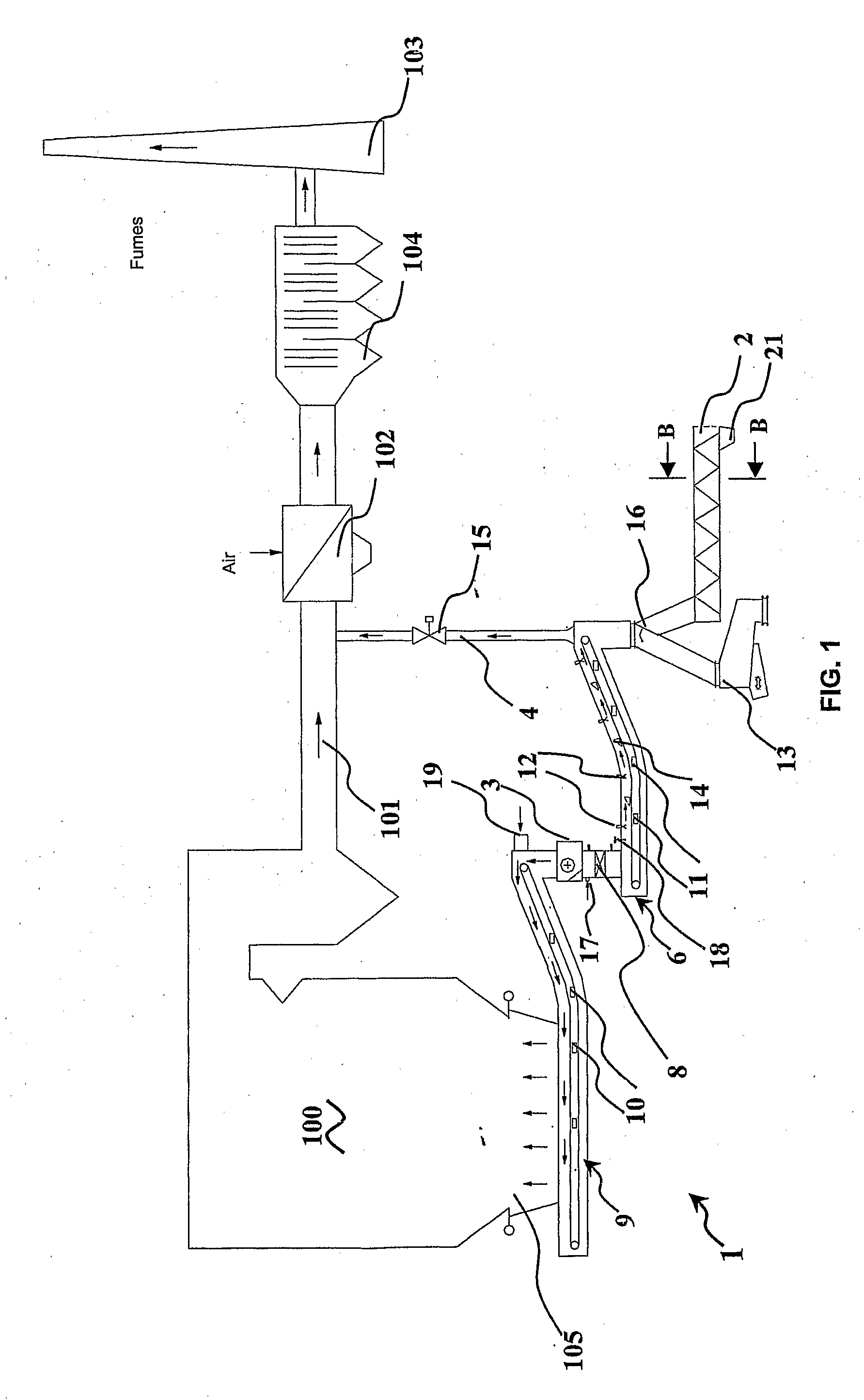 Extraction and air/water cooling system for large quantities of heavy ashes