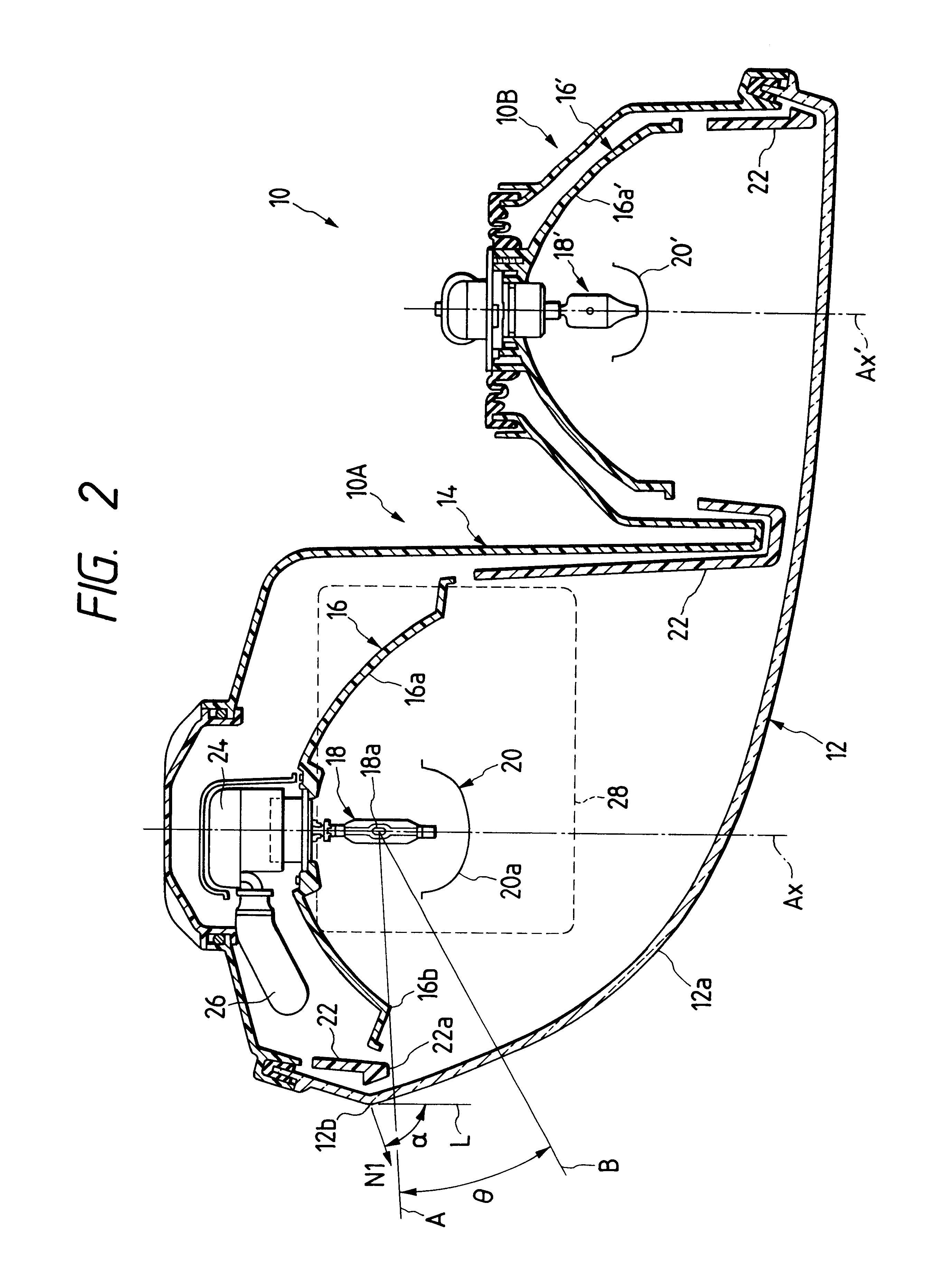 Vehicle headlamp having an outwardly and backwardly curved lens