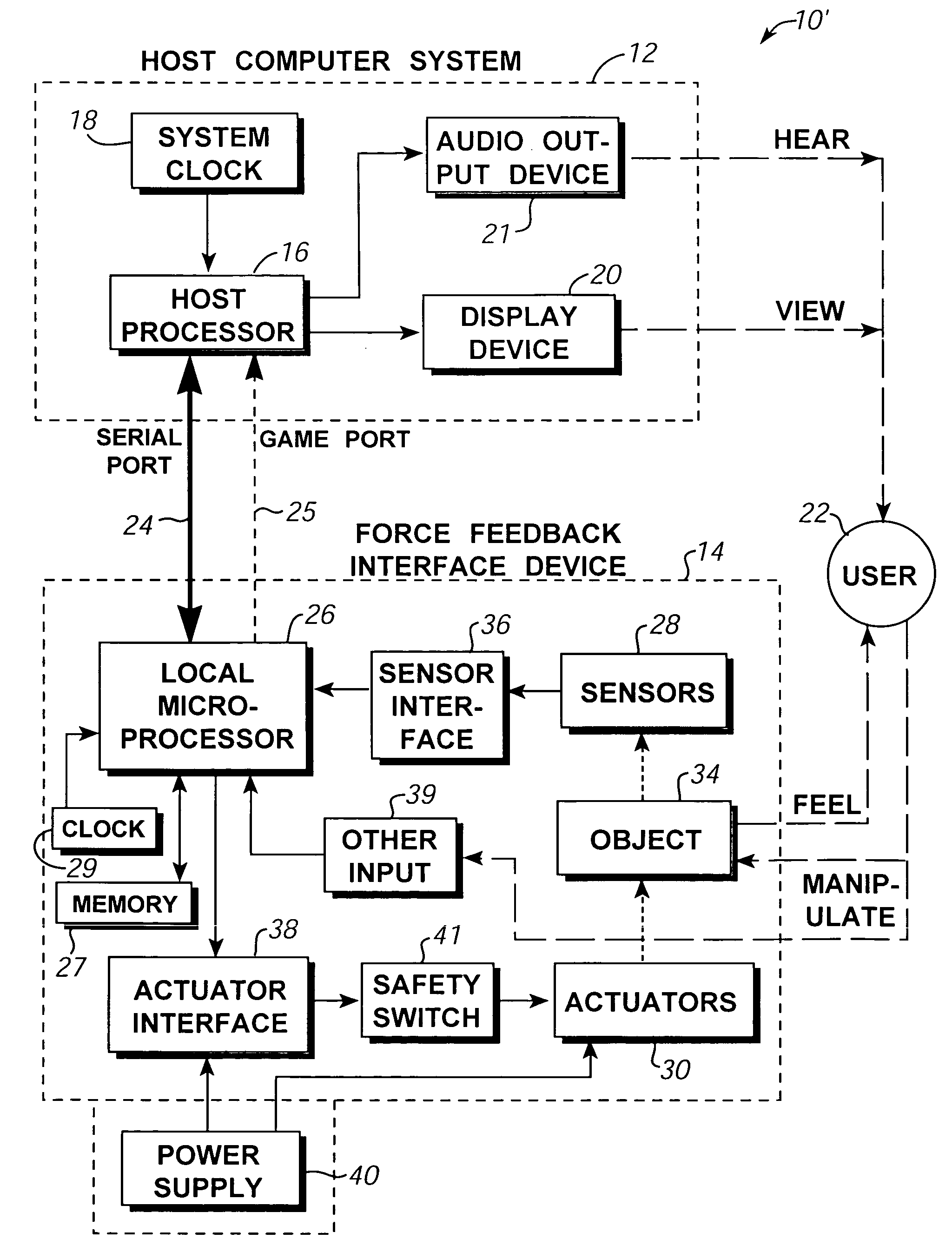 Interactions between simulated objects with force feedback