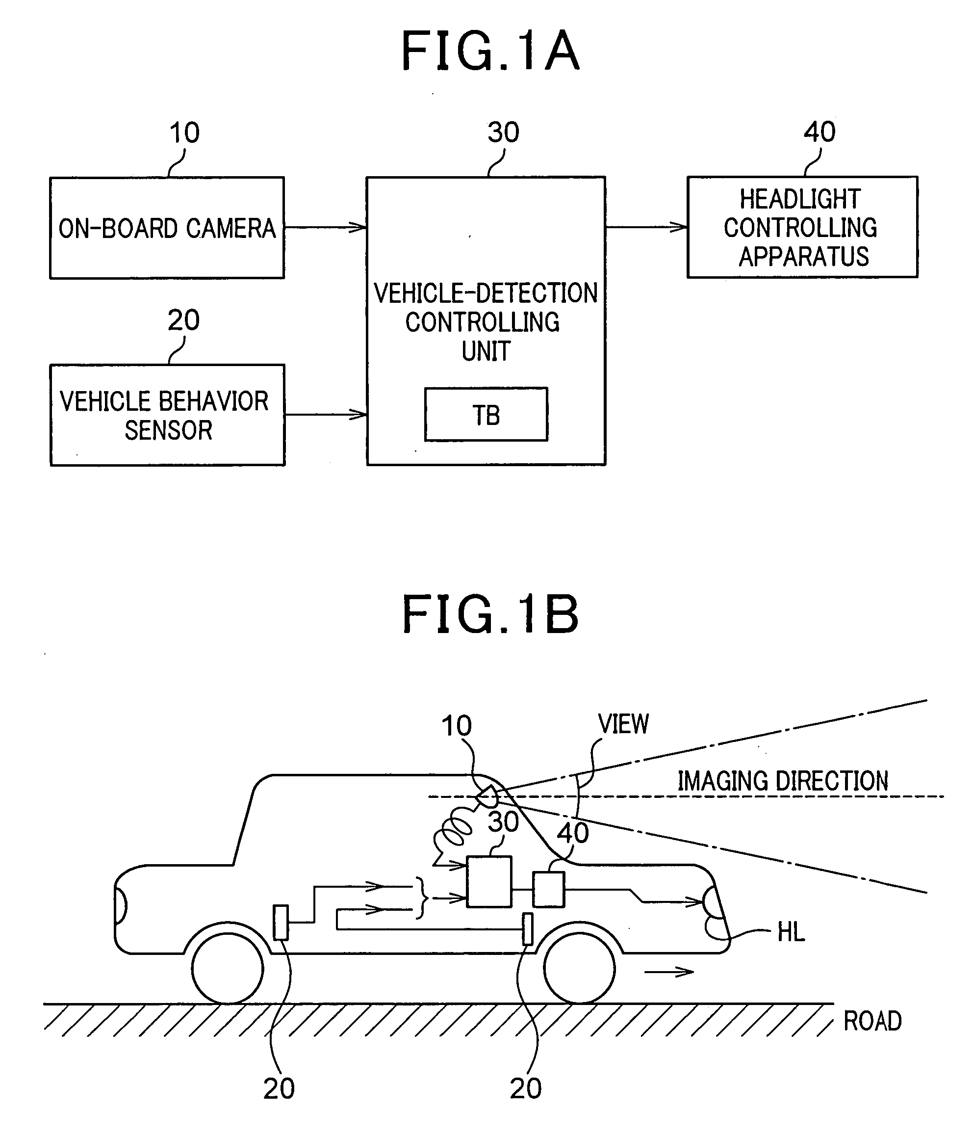 On-board device for detecting vehicles and apparatus for controlling headlights using the device
