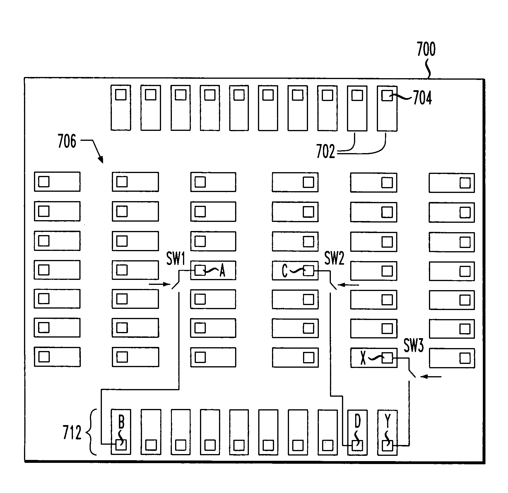 Integrated circuit with controllable test access to internal analog signal pads of an area array