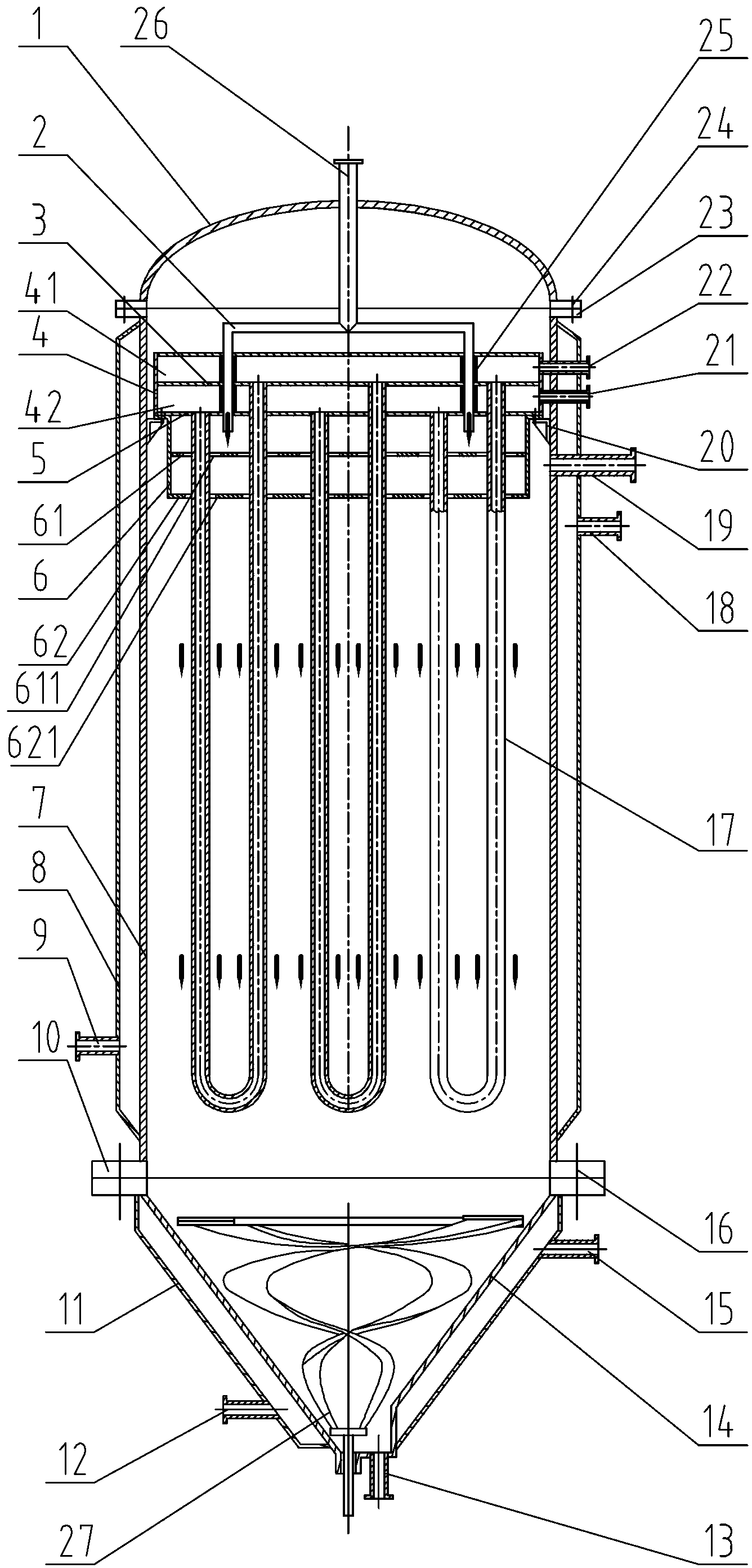 Melt polycondensation reaction method, and reactor and falling film tube used for same
