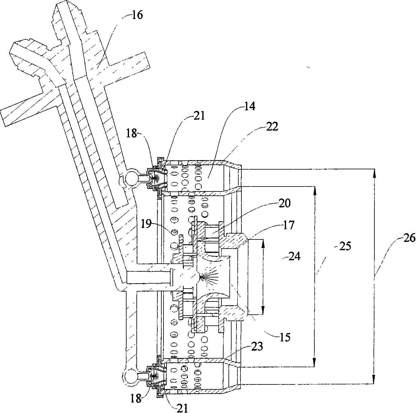 Low-pollution combustion chamber provided with premixing and pre-evaporating ring pipe
