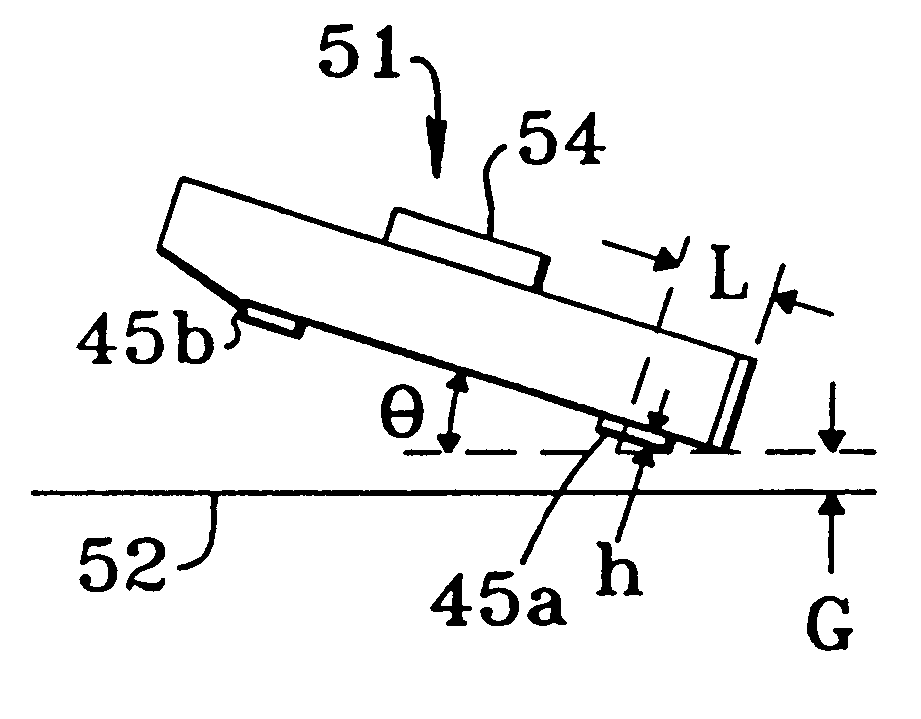 Magnetic disk drive with a floating head slider having projections arranged to float at a greater distance from magnetic disk than slider trailing end