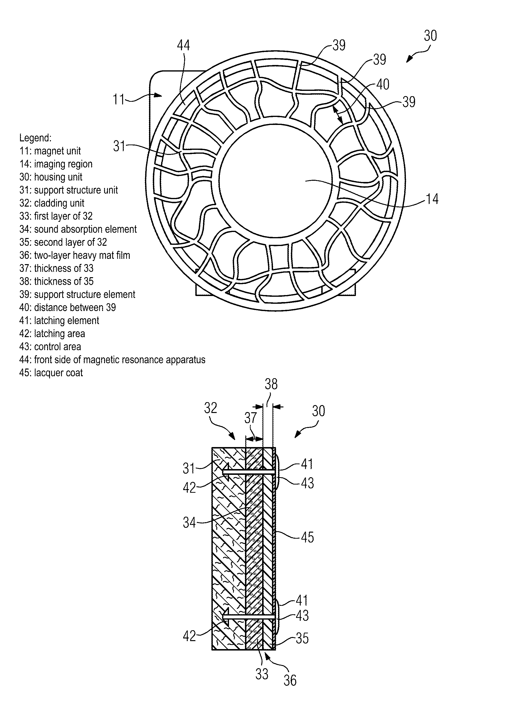 Magnetic resonance apparatus with sound absorption cladding and irregular grid