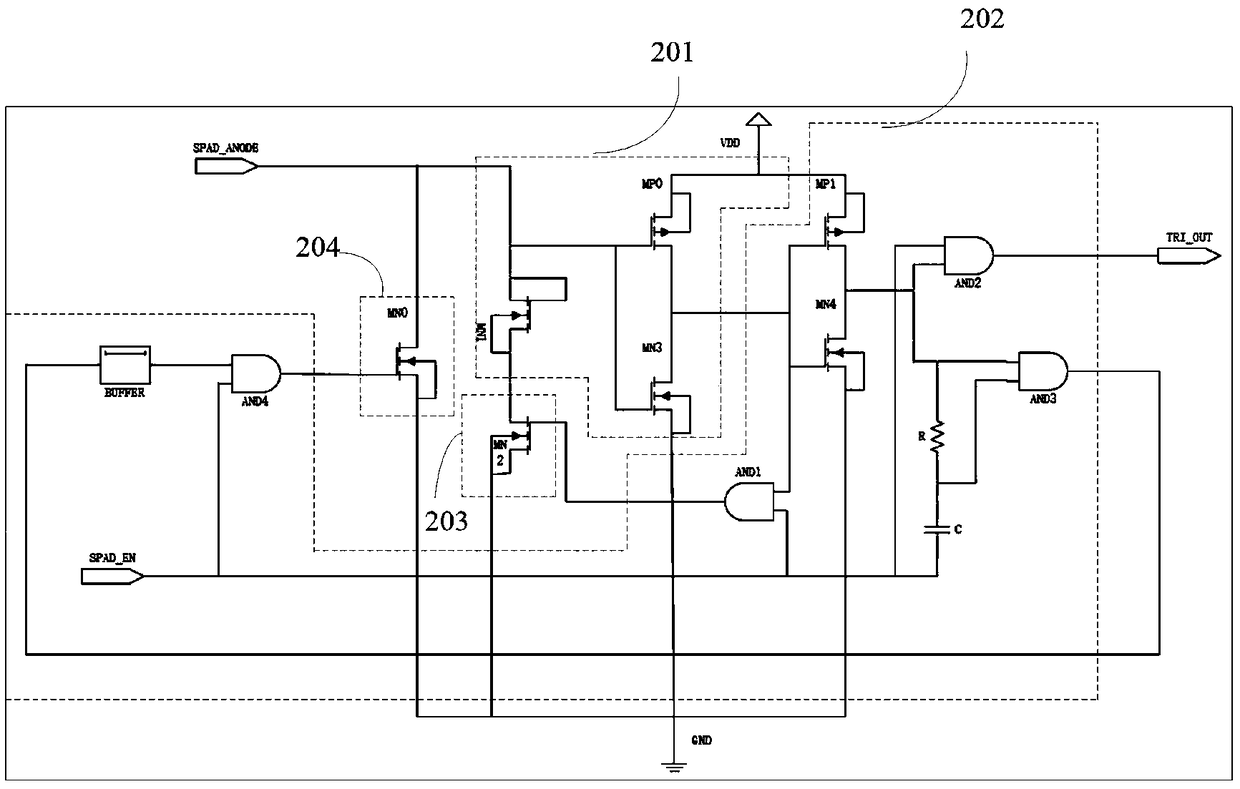 Single-photon avalanche diode, active quenching circuit, pulsed TOF sensor, and forming method