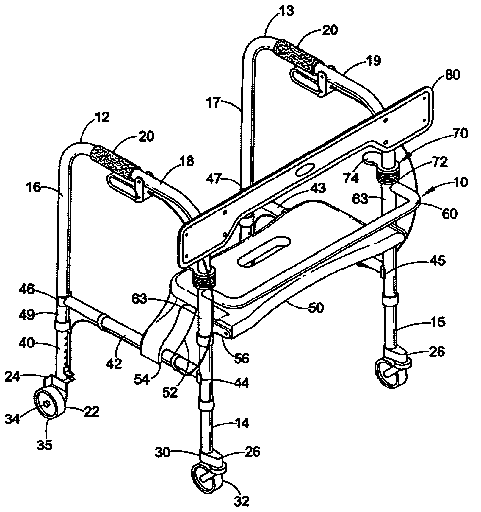 Inwardly folding rollator with an upwardly pivotable seat