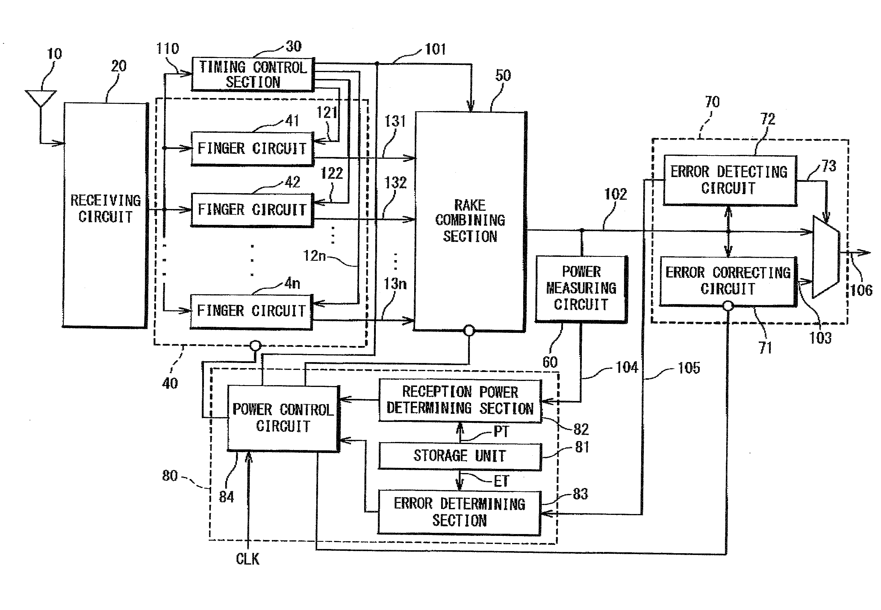 Mobile communication system using receiving apparatus and power supply control method