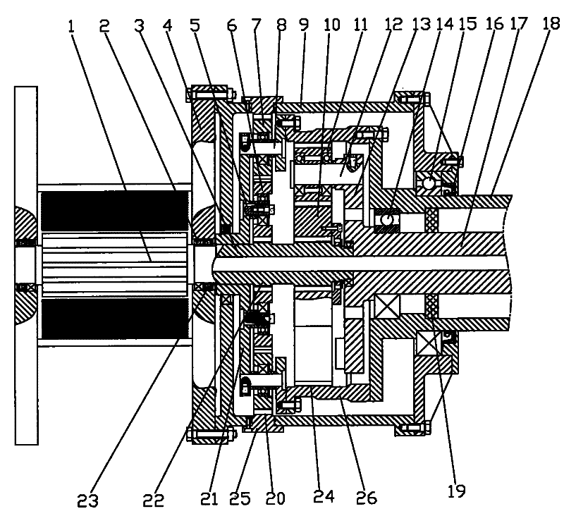 Reaction moment balance transmission system for single rotating motor