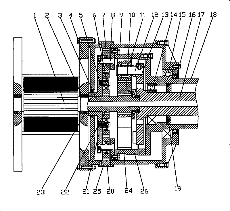 Reaction moment balance transmission system for single rotating motor