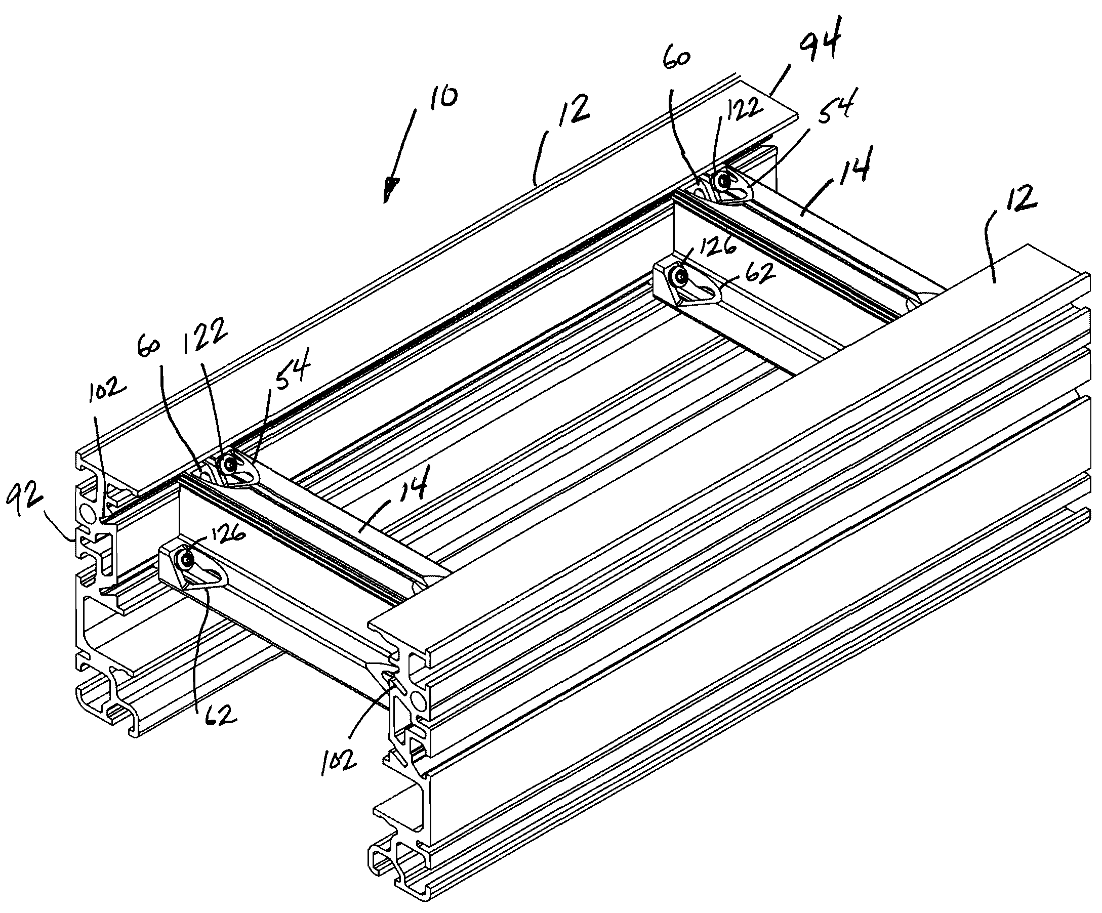 Conveyor frame assembly having side rails including multiple attachment slots and adjustable cross supports