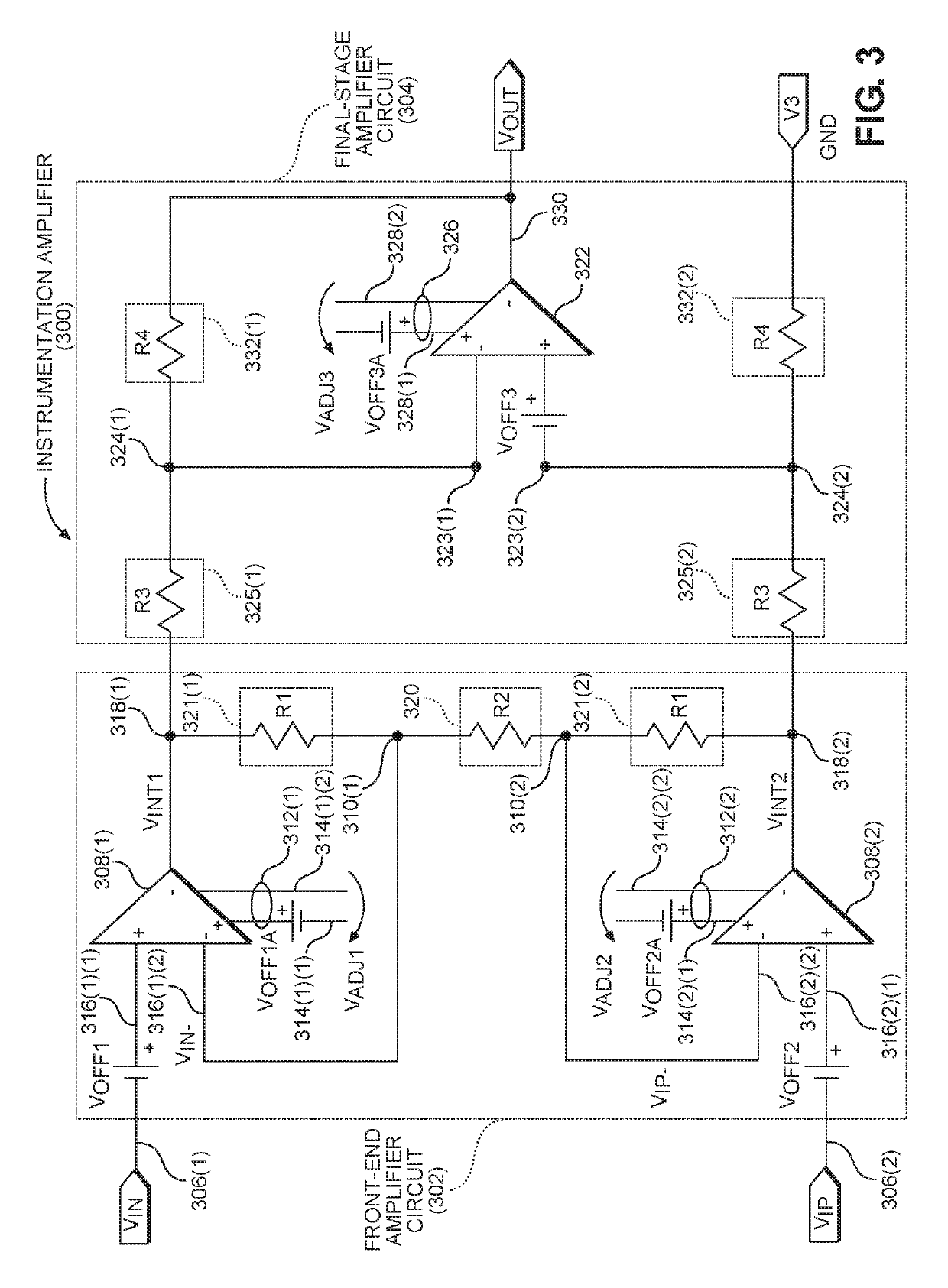 Single controller automatic calibrating circuits for reducing or canceling offset voltages in operational amplifiers in an instrumentation amplifier