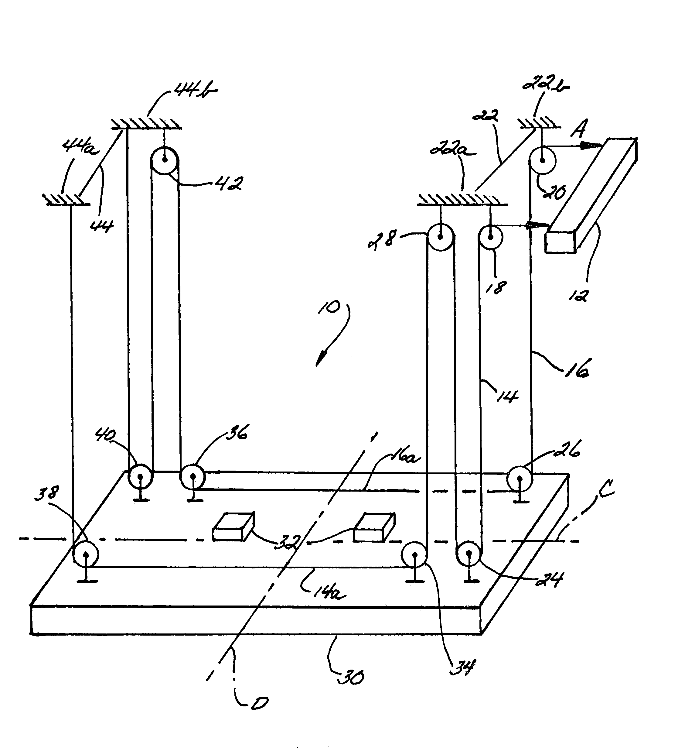 Self-stabilizing suspension and hoisting system