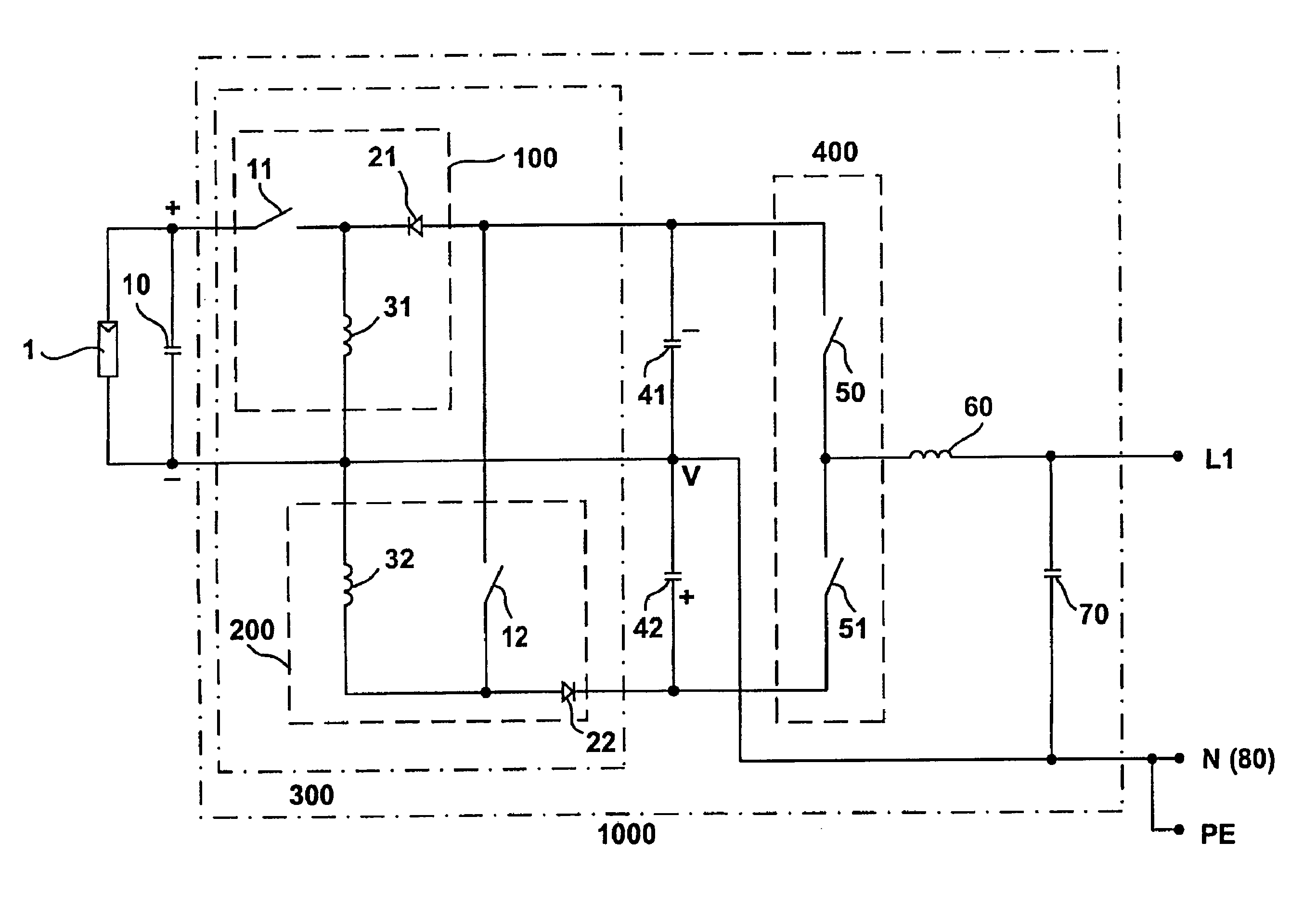 Circuit apparatus for transformerless conversion of an electric direct voltage into an alternating voltage