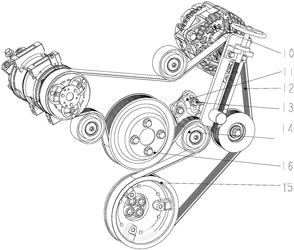 Engine belt tensioning adjusting mechanism