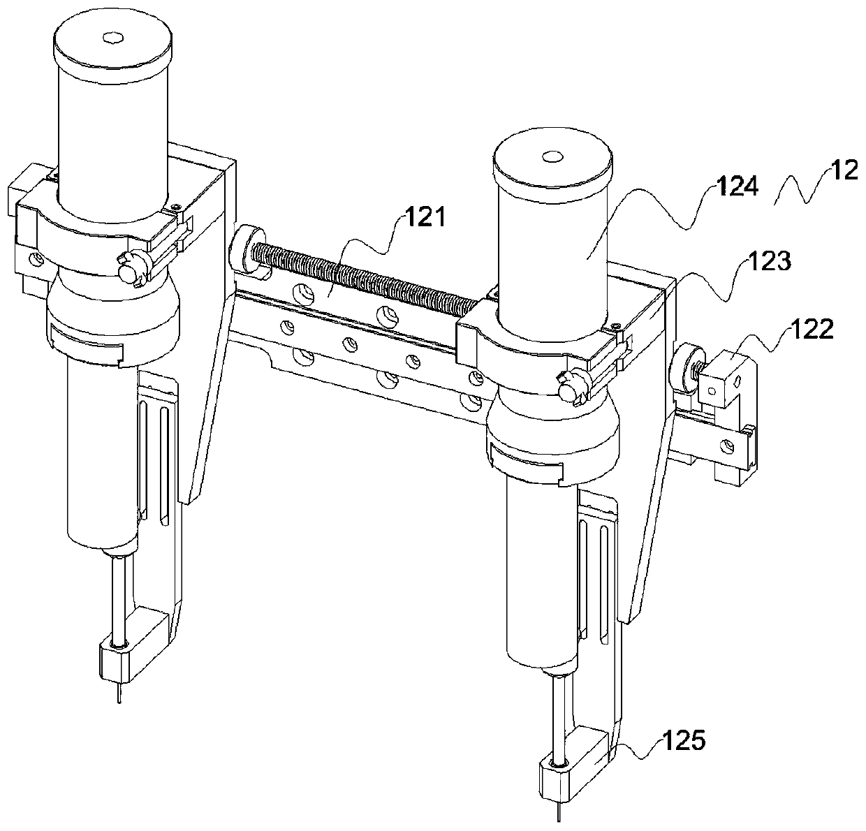 Jig overturning and double valve glue dispensing mechanism