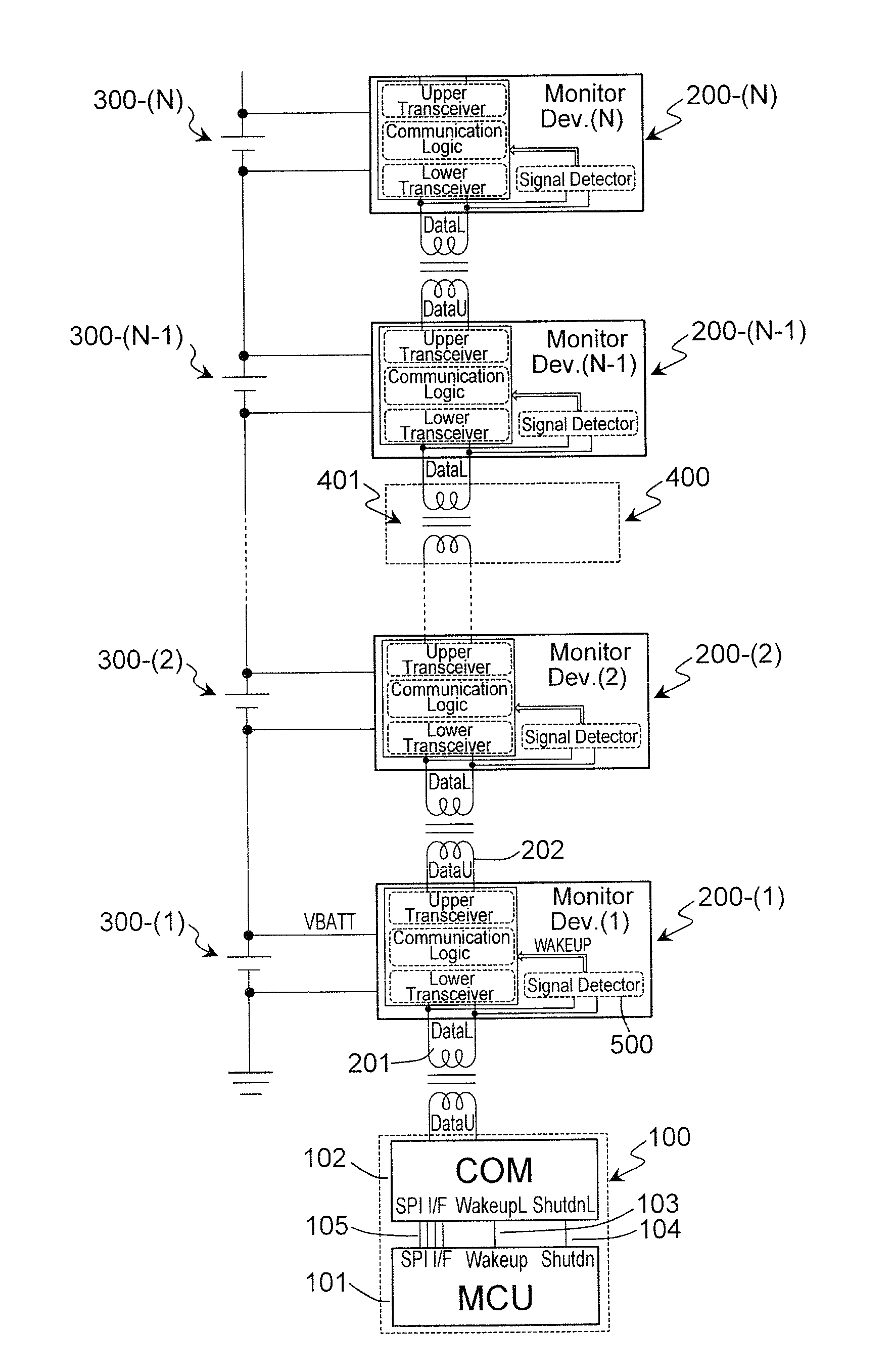 Wakeup sequence for two-wire daisy chain communication system