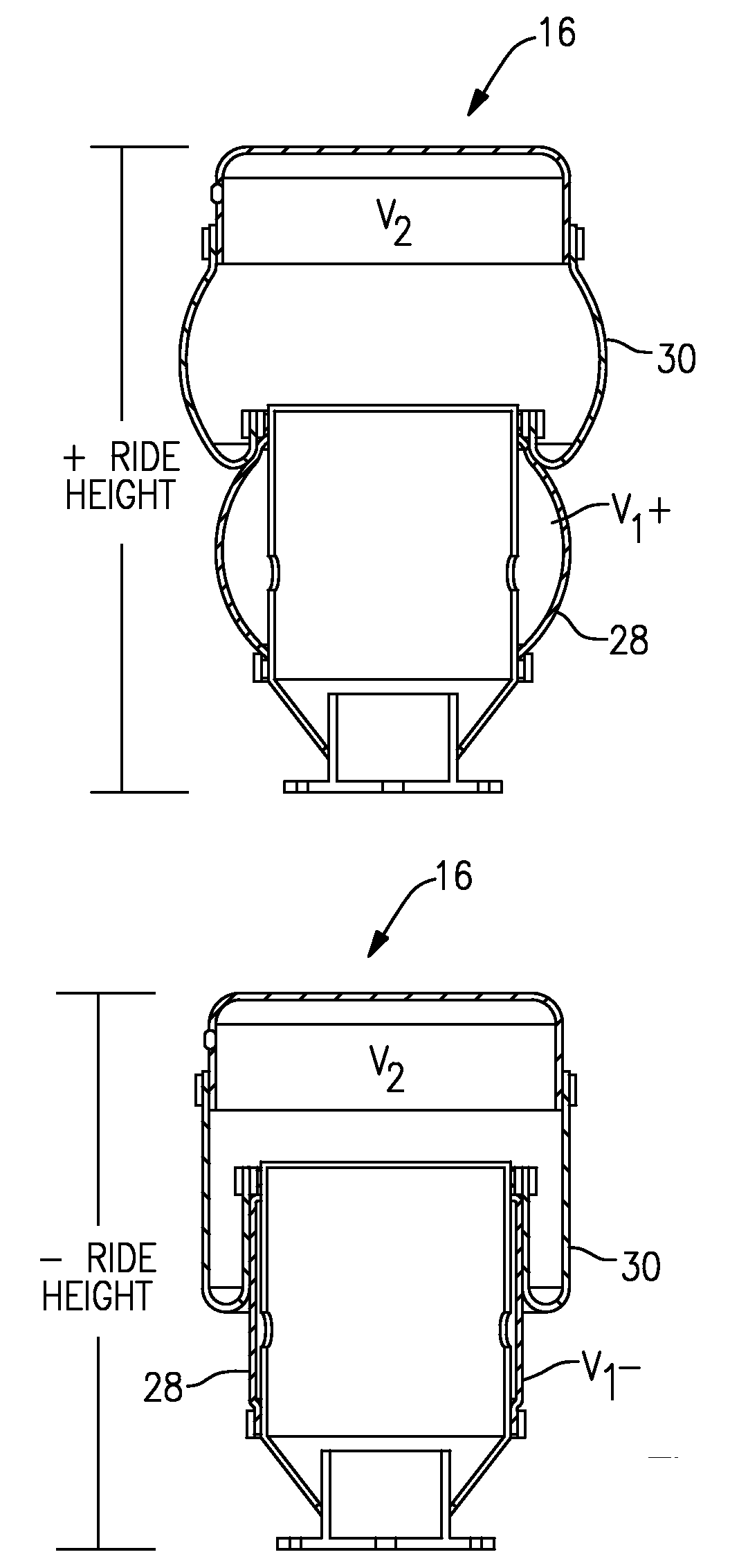 Cross-linked variable piston air suspension