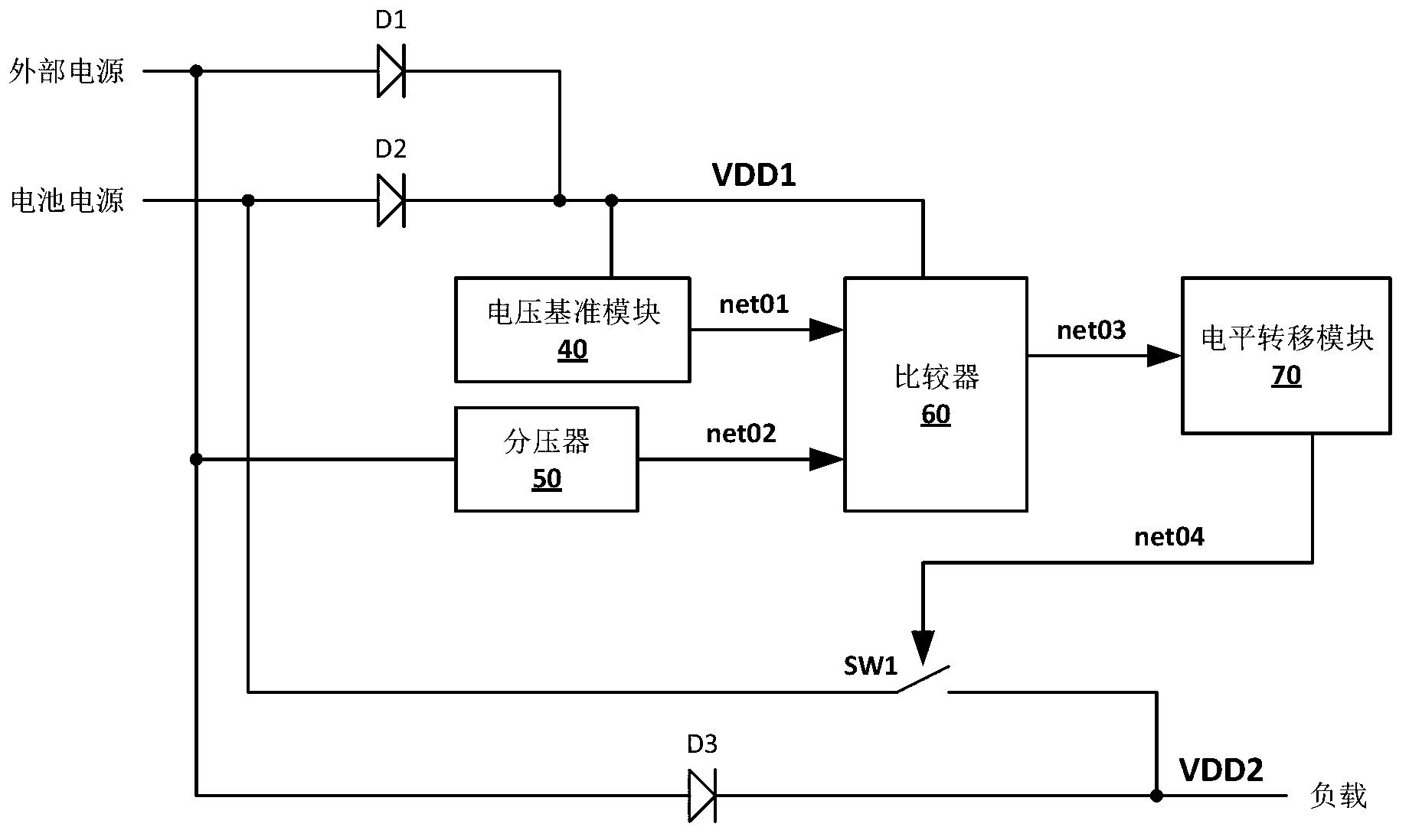 Power supply switching circuit of external power supply and power supply by battery and switching method