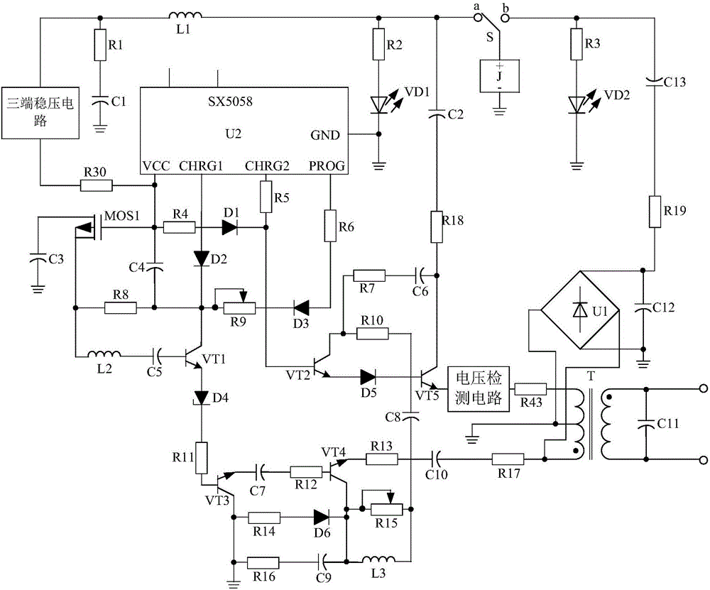 Three-terminal voltage-stabilizing inverter power supply used for charging and based on voltage detection circuit