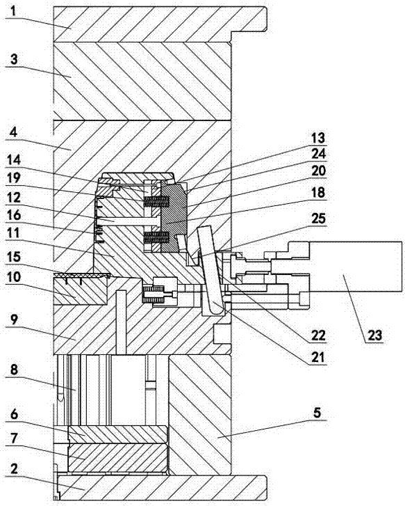 Secondary core pulling mechanism for injection molding die with honeycomb-shaped side face vertical plates