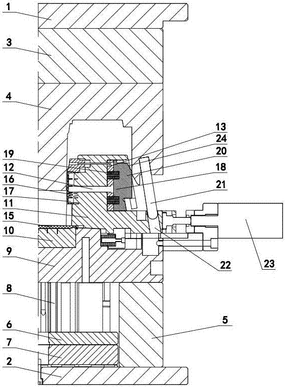 Secondary core pulling mechanism for injection molding die with honeycomb-shaped side face vertical plates