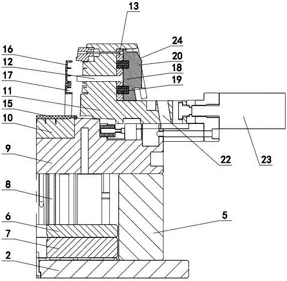 Secondary core pulling mechanism for injection molding die with honeycomb-shaped side face vertical plates