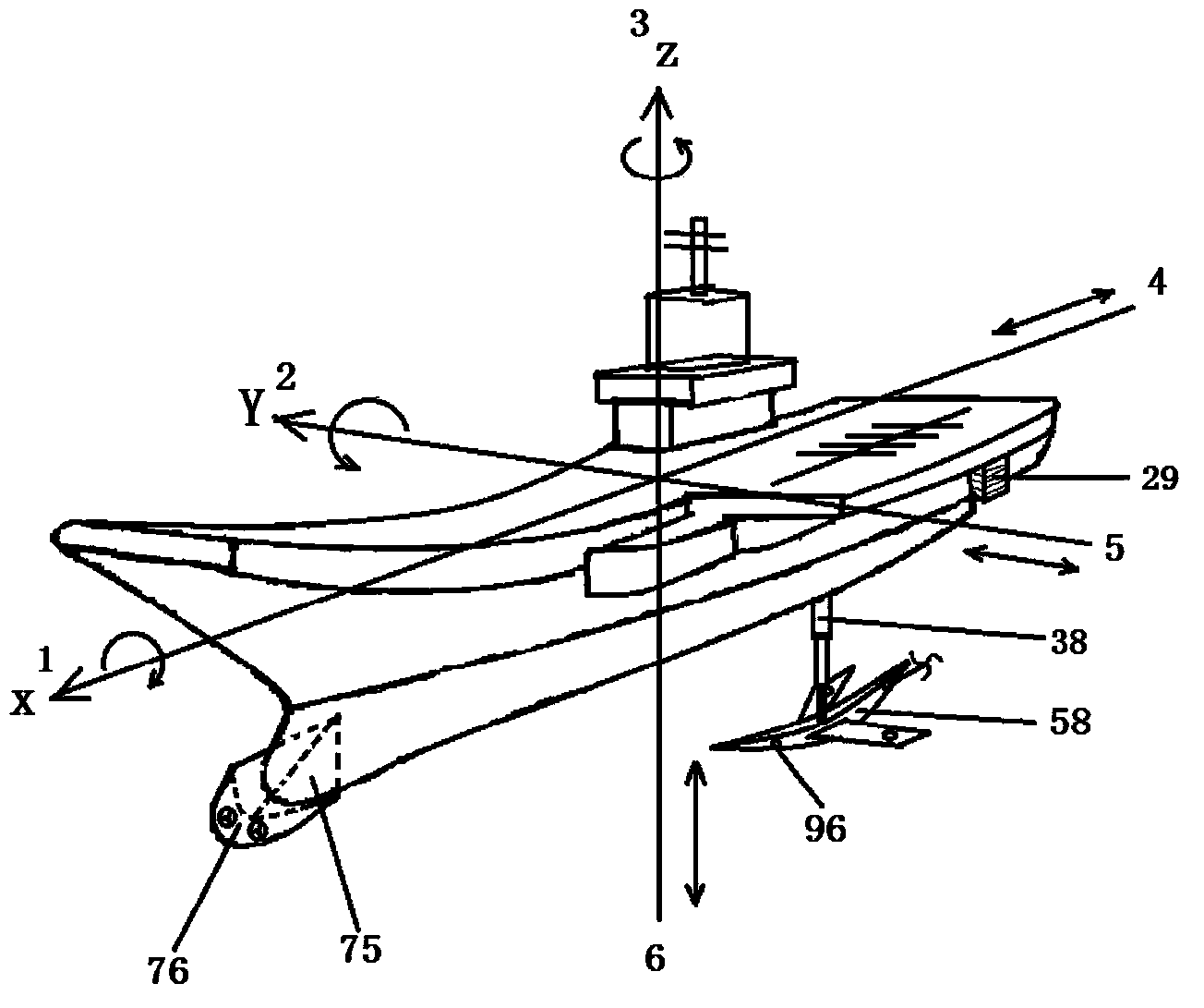 Aircraft carrier, naval ship, submarine and offshore platform provided with efficient load-eliminating, shaking-stopping and capsizing-prevention correcting devices