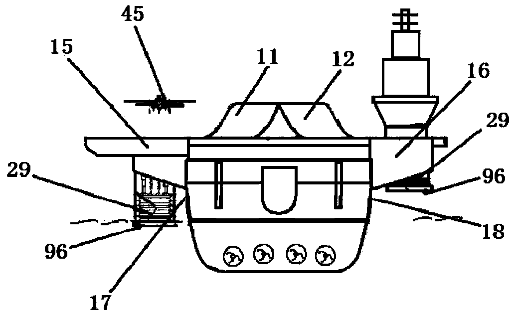 Aircraft carrier, naval ship, submarine and offshore platform provided with efficient load-eliminating, shaking-stopping and capsizing-prevention correcting devices