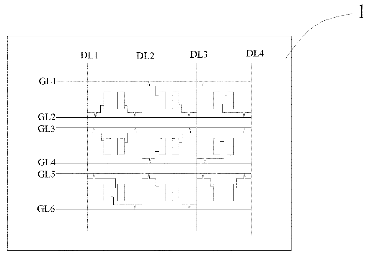 Data line share (DLS) array substrates and the display devices thereof for reducing signal delay