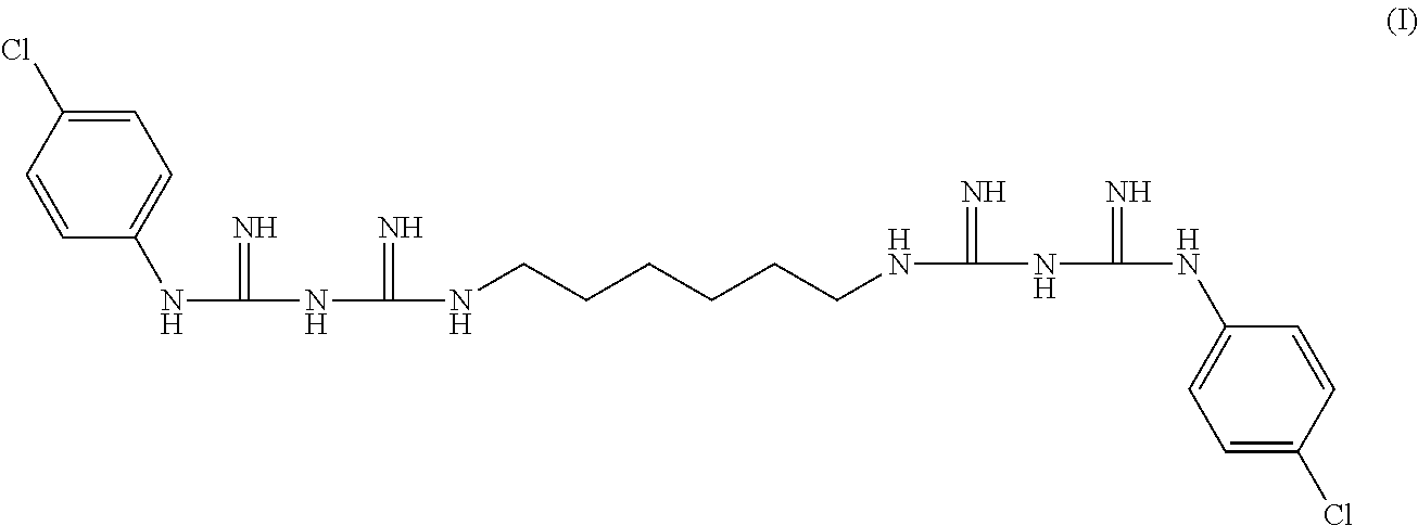 Di(4-chloro-phenyldiguanido) derivative which is free of potential genotoxicity and a process for reducing the residual amount of p-chloroaniline in said di(4-chloro-phenyldiguanido) derivative